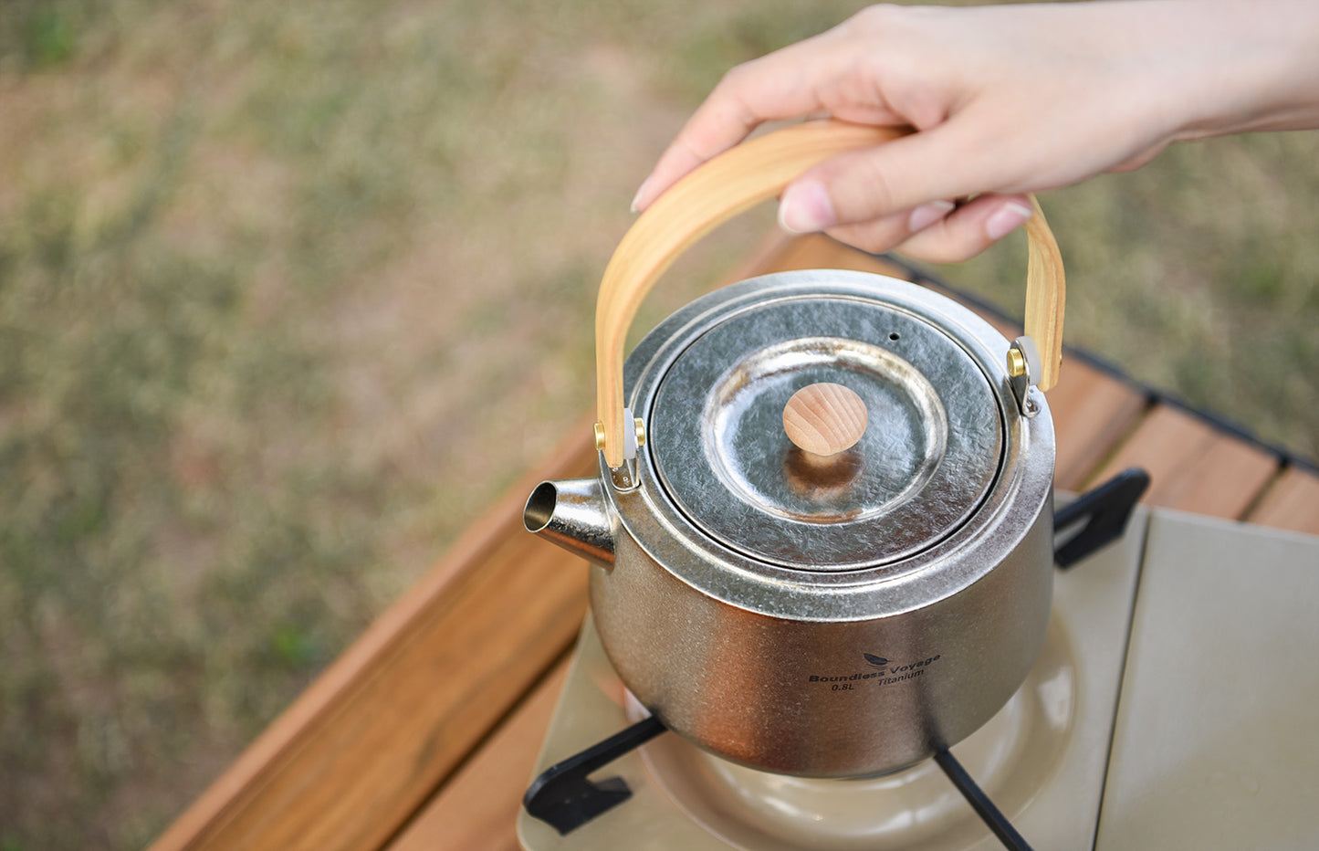 Boundless Voyage 800ml Crystallized Titanium Kettle | Ultralight Teapot with Anti-Scald Wooden Handle | Premium Tea & Coffee Pot for Camping