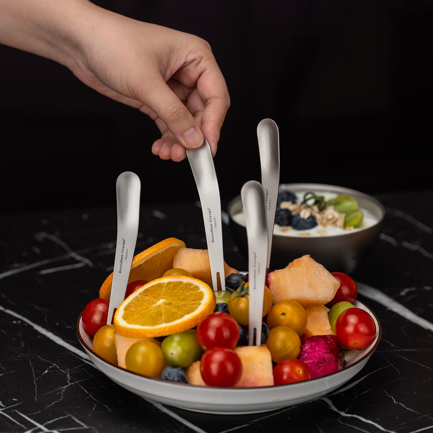 Boundless Voyage Titanium Dual-Use Fork & Spoon Set – 5pcs Ultralight Camping Cutlery with Drawstring Bag for Fruits, Coffee, Ice Cream & Travel