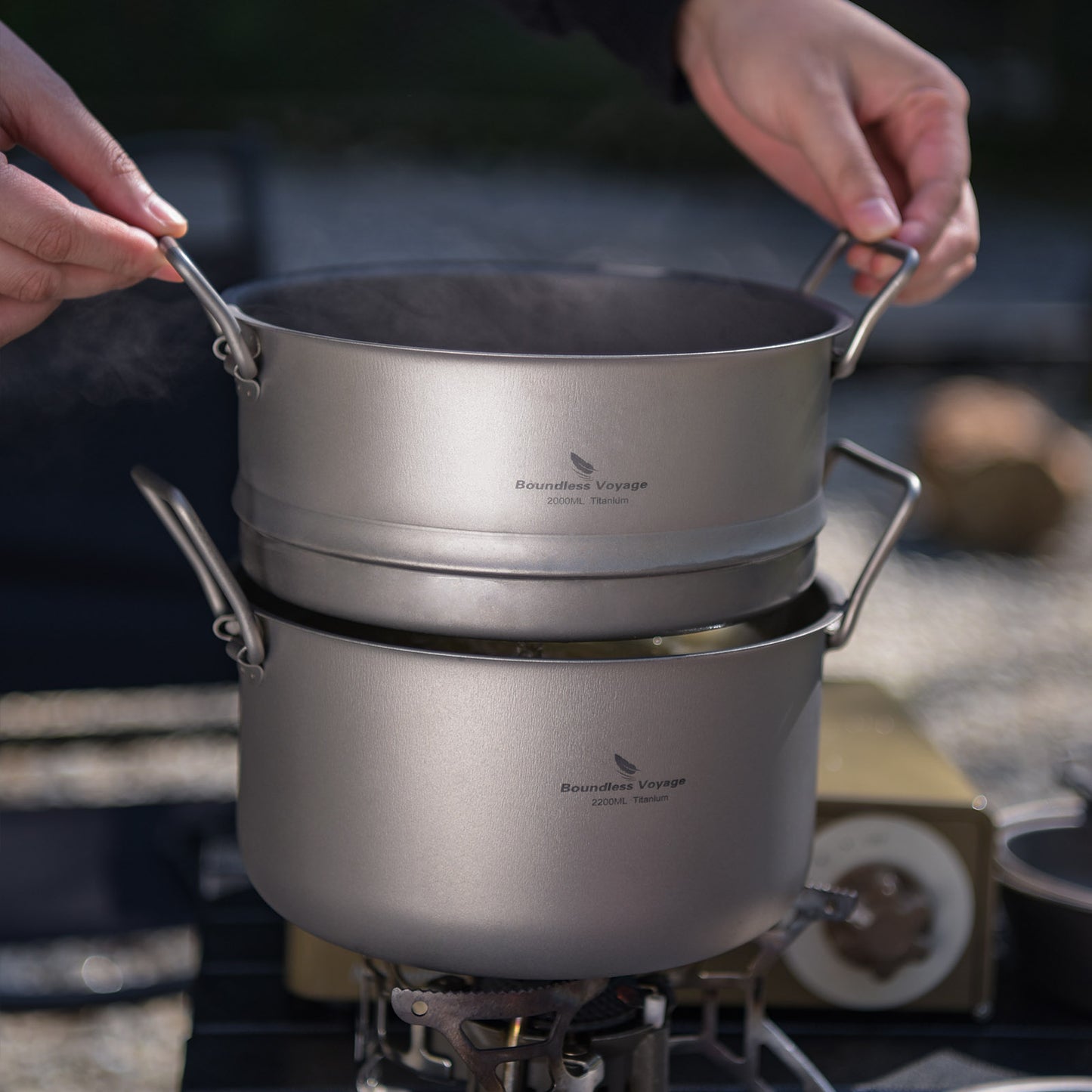 Boundless Voyage Titanium Pot with Steamer 2.2L +1.8L – Ultralight Multifunctional Camping Cookware with Steamer & Lid, TA1 Titanium Outdoor Cooking Kit for Camping, Hiking & Travel