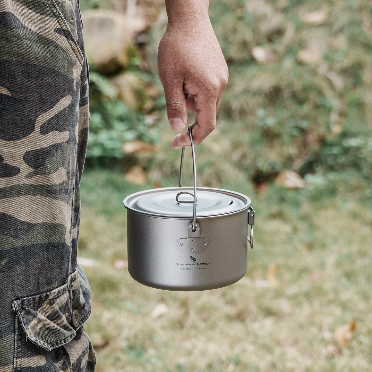 Boundless Voyage 1300ml TA1 Titanium Camping Pot with Lid – Ultralight Folding-Handle Cookware for Hiking, Picnic & Outdoor Soup Cooking