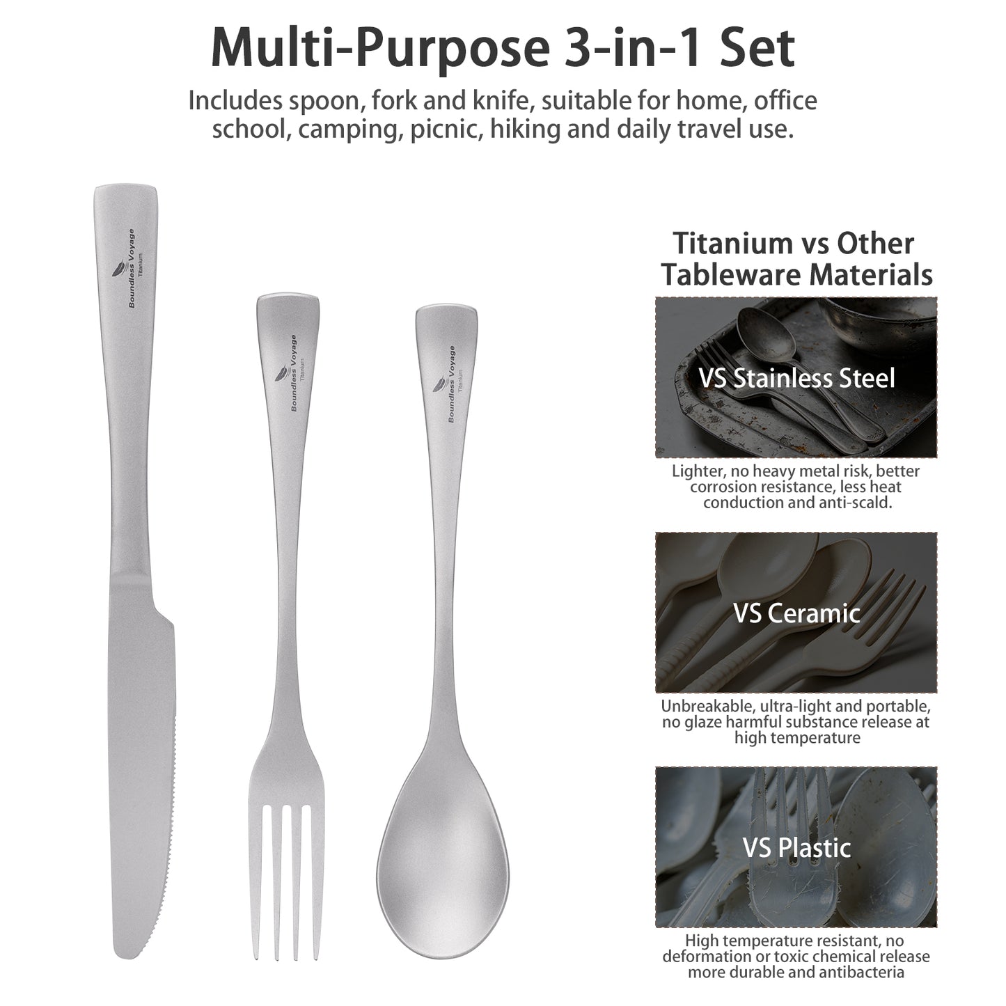 Boundless Voyage Titanium Flatware Set – Portable Outdoor Knife Fork Spoon Kit for Camping, Backpacking & Everyday Use