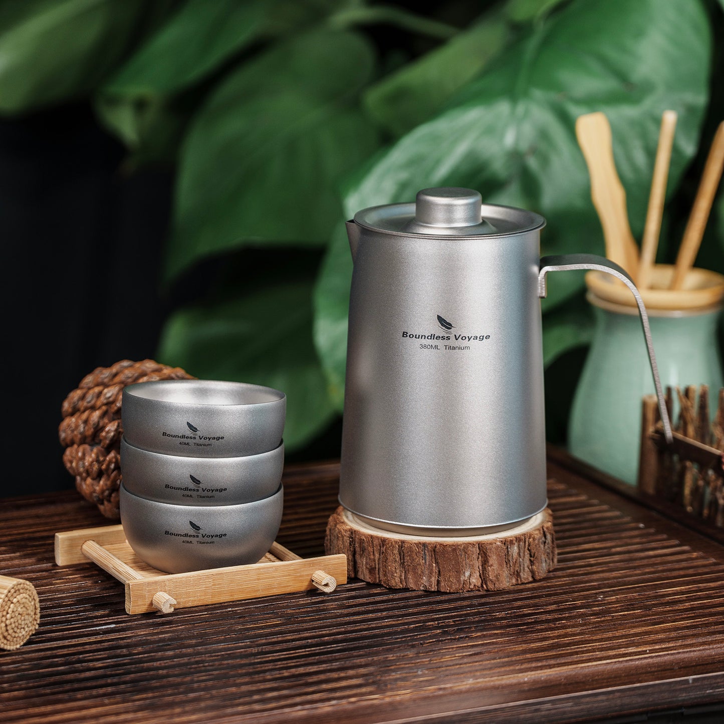 Boundless Voyage 380ml Titanium Teapot Set | 136g Ultralight Kettle with 40ml Double-Wall Cups | Anti-Scald Travel Tea Set for Camping & Hiking