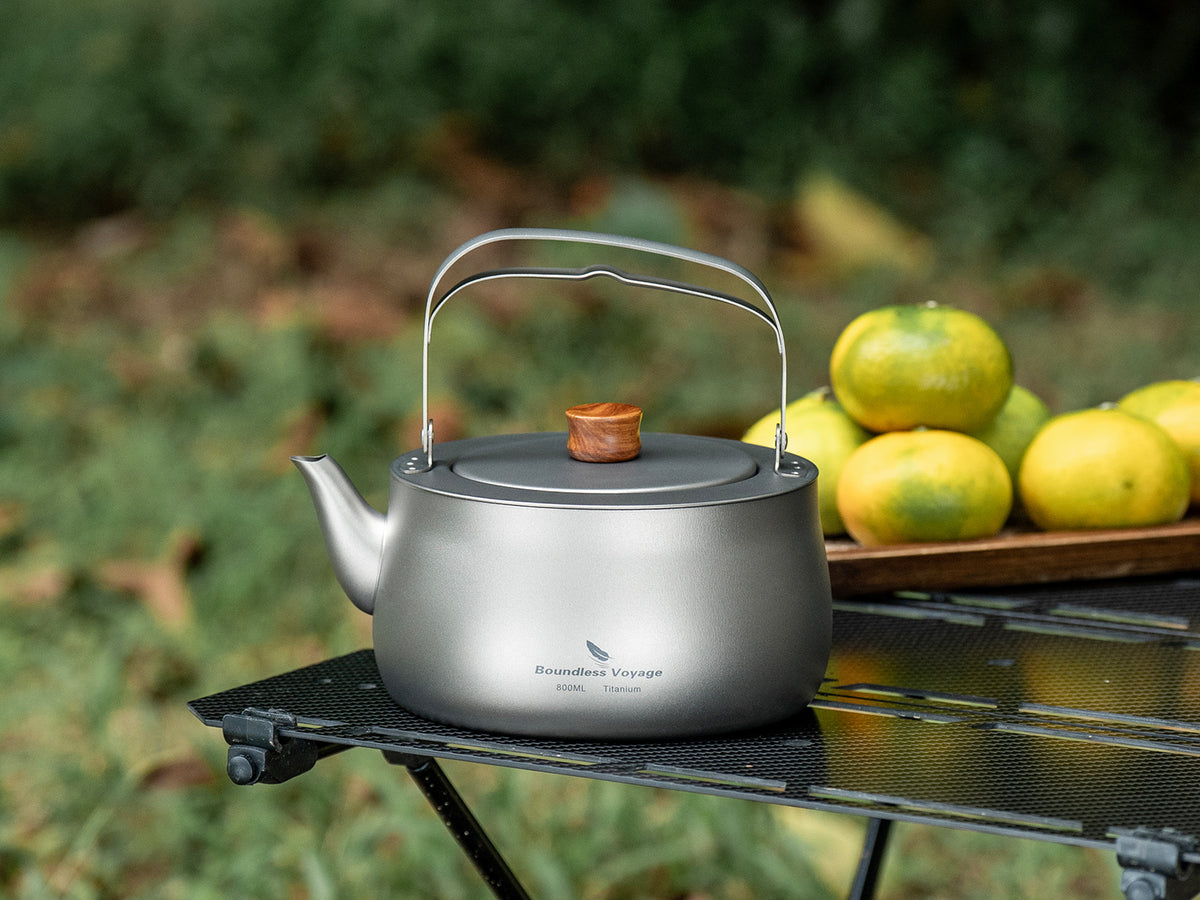 Boundless Voyage 800ml Titanium Camping Kettle – Ultralight Water Boiler with Folding Handle & Wooden Knob for Backpacking, Hiking & Outdoor Cooking