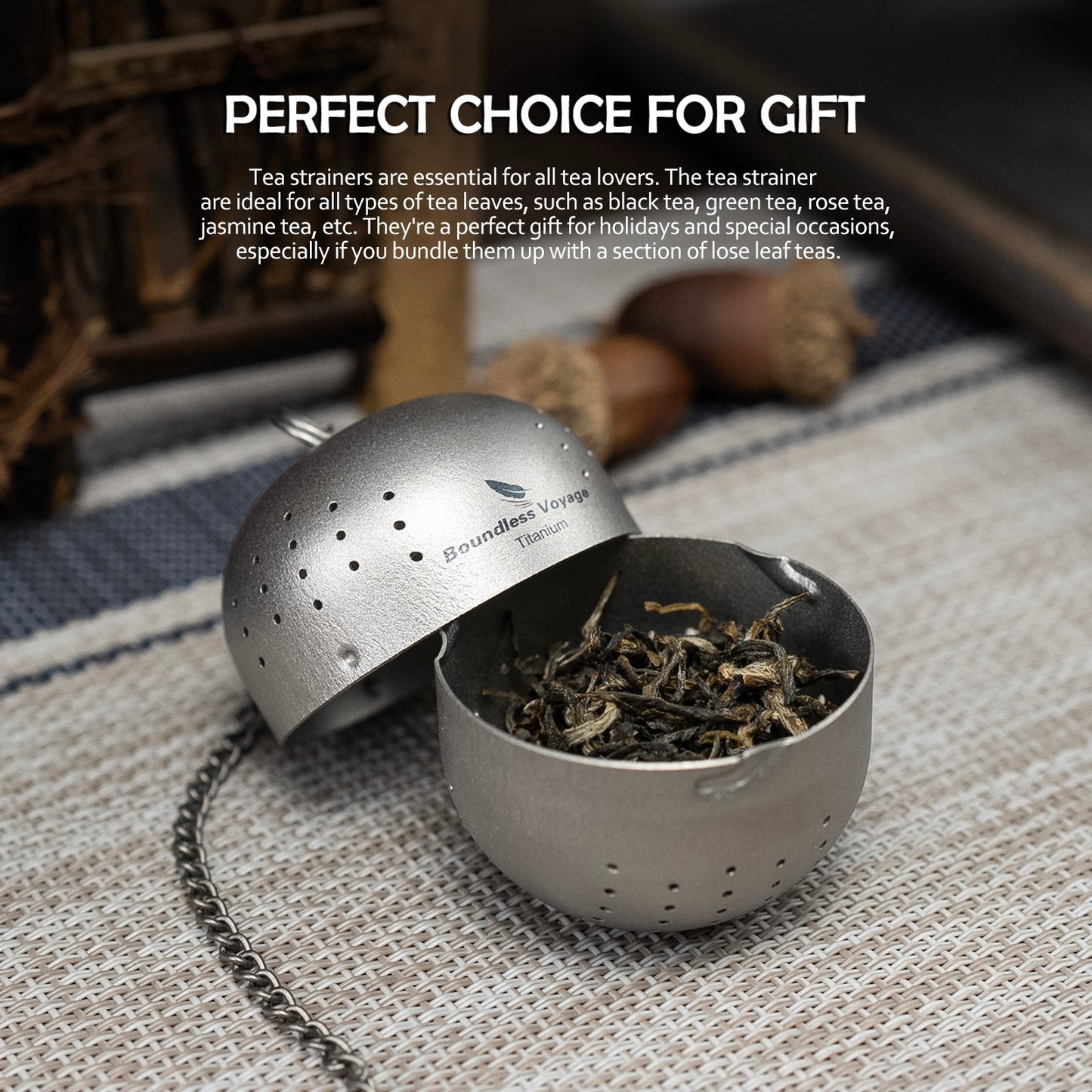 Boundless Voyage Titanium Tea Ball Infuser – Lightweight Loose Leaf Tea Strainer with Extended Chain, Fine Mesh Tea Filter for Mug, Teapot & Spices