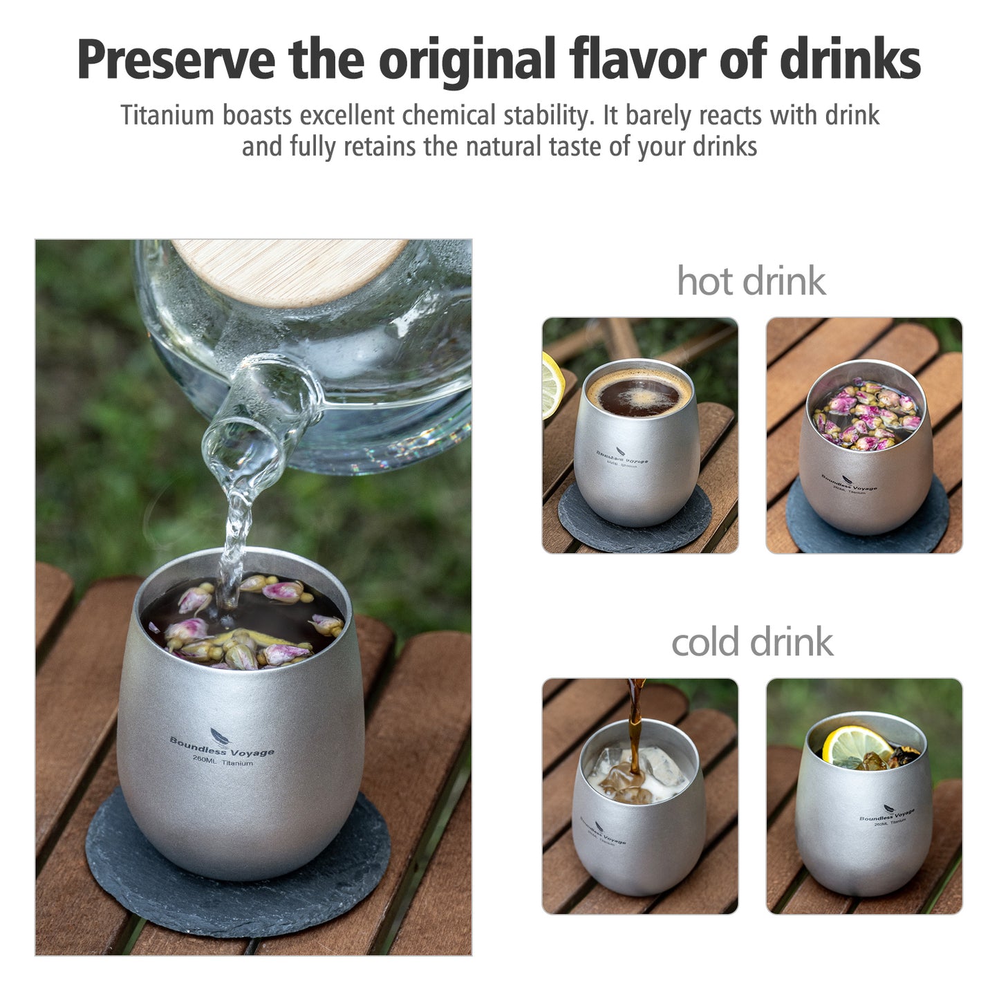 Boundless Voyage Titanium Double-Wall Cup – Ultralight TA1 Camping Coffee Mug for Travel, Hiking & Outdoor Use