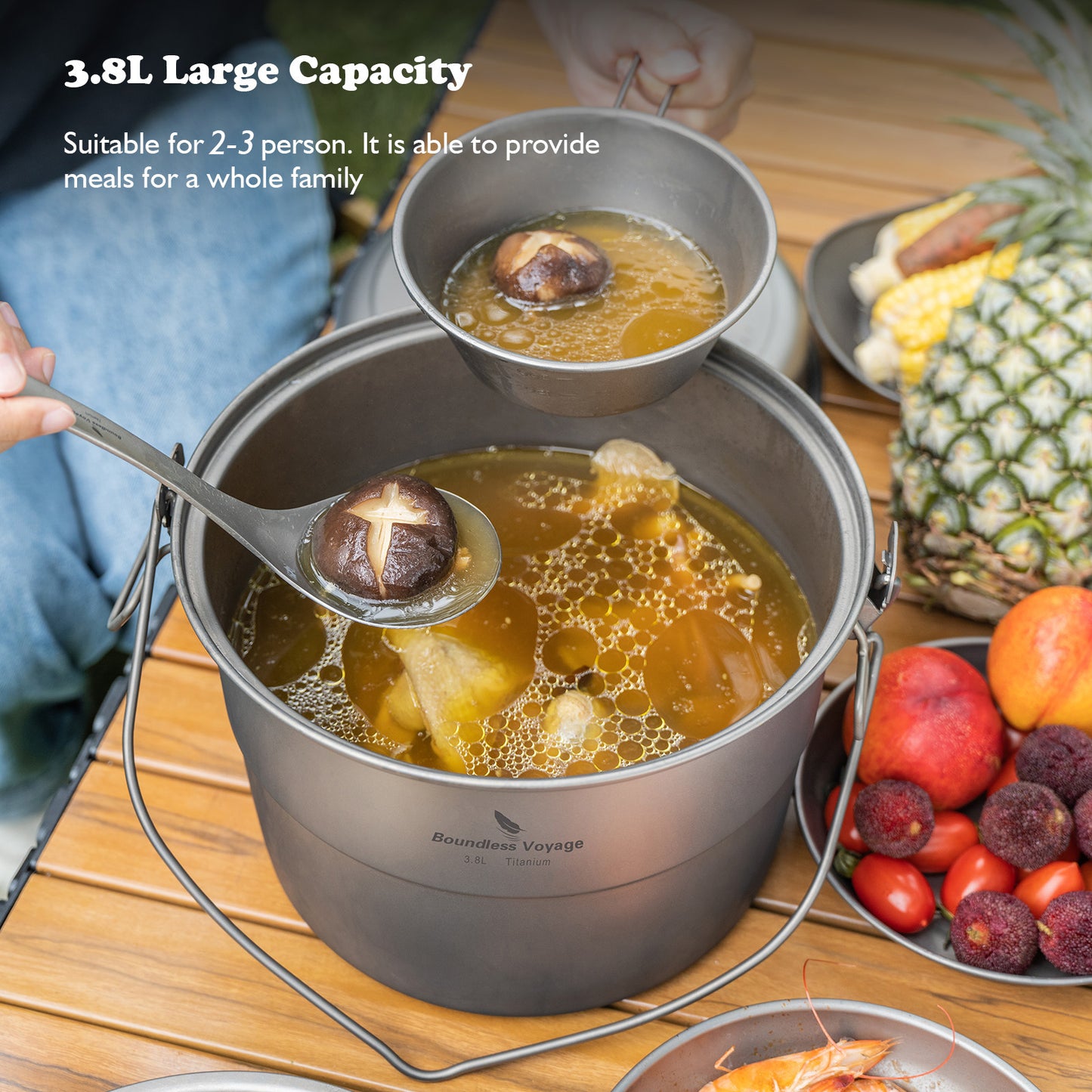 Boundless Voyage 3.8L/128oz Large Pot Titanium Hanging Pot with Food Steam Rack and Folding Handle Camping Cooking Pot Stock Pot for Camping Outdoors Home