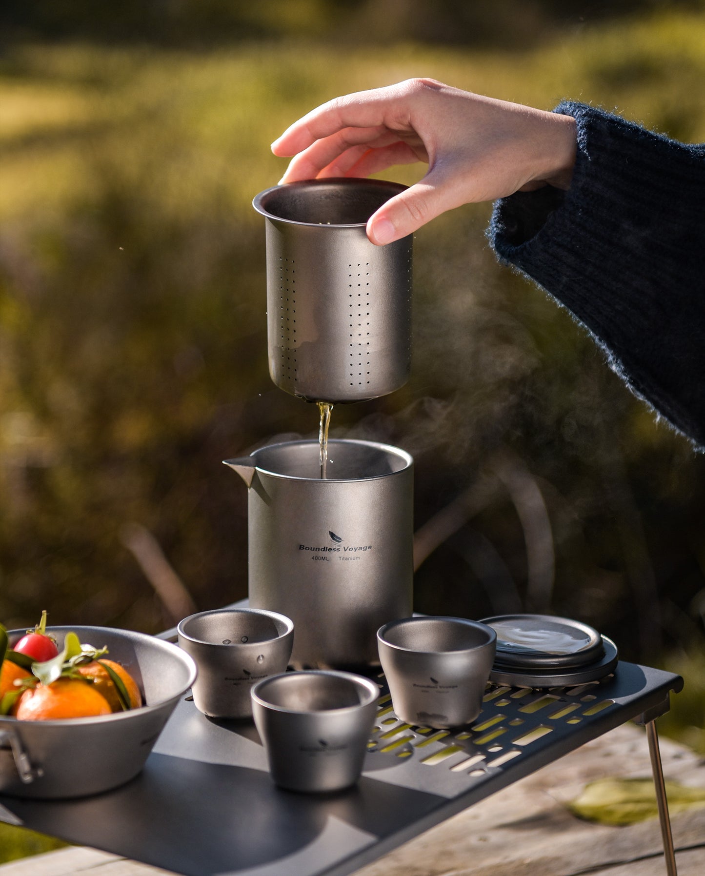 Boundless Voyage 400ml Titanium Double-Layer Tea Maker Set | 168g Insulated Teapot with 45ml Anti-Scald Cups | Lightweight Double-Walled Travel Tea Set