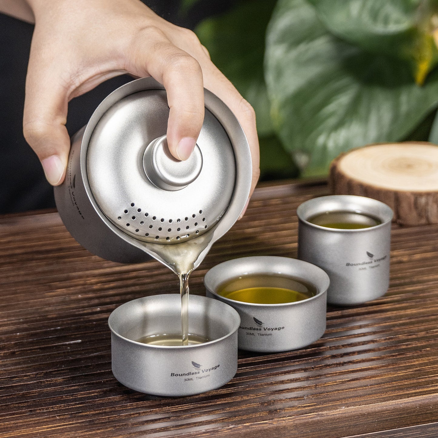 Boundless Voyage Titanium Double-Layer Tea Maker Set – Ultralight Camping Tea Pot + 3 Mini Cups (30ml) for Outdoor Brewing & Travel Tea Ceremony
