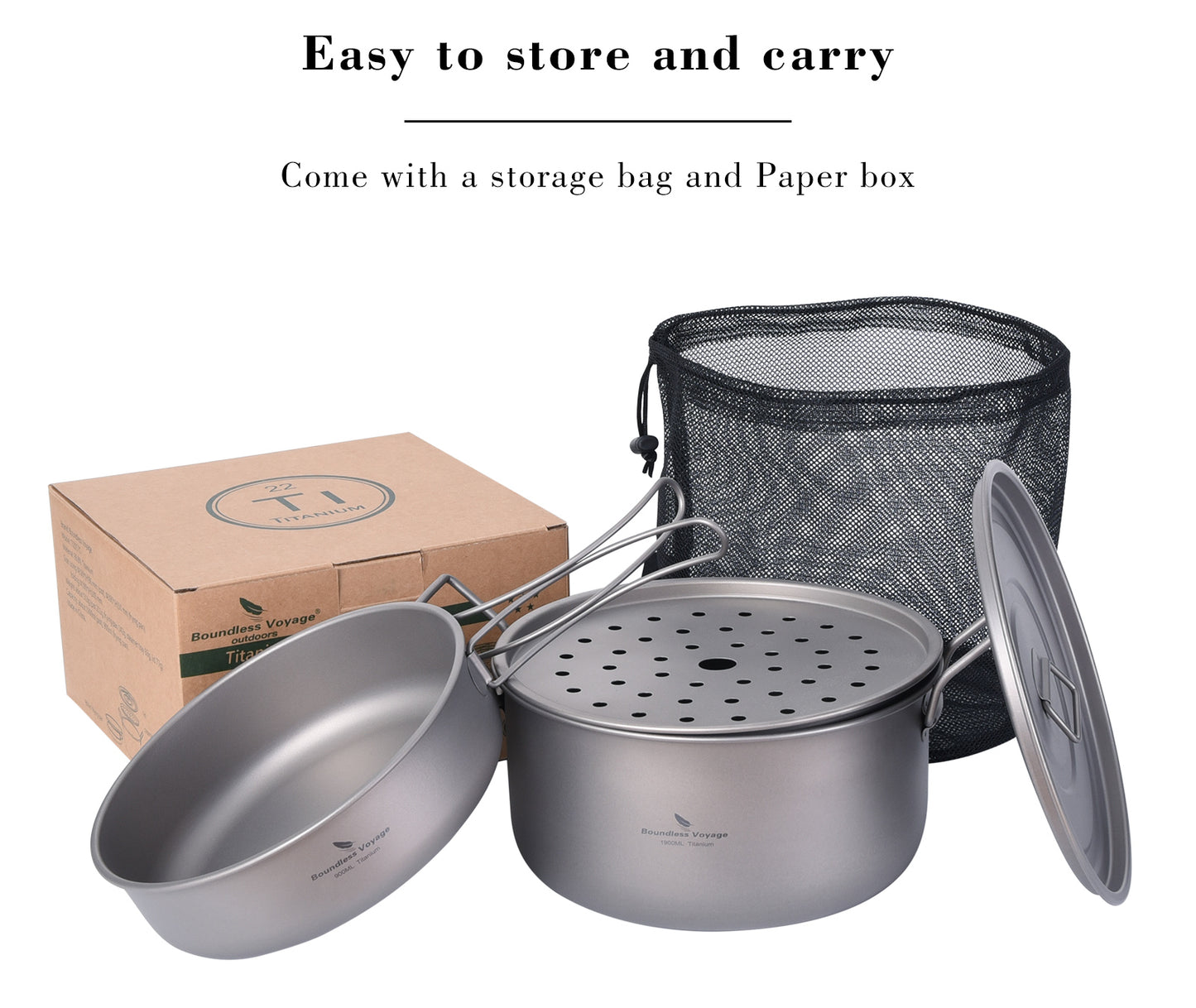 Boundless Voyage Titanium Camping Cookware Set 1900ml+900ml with Steamer – Multifunctional Pot, Frying Pan & Lid Kit, Ultralight Outdoor Cooking System for Hiking & Backpacking