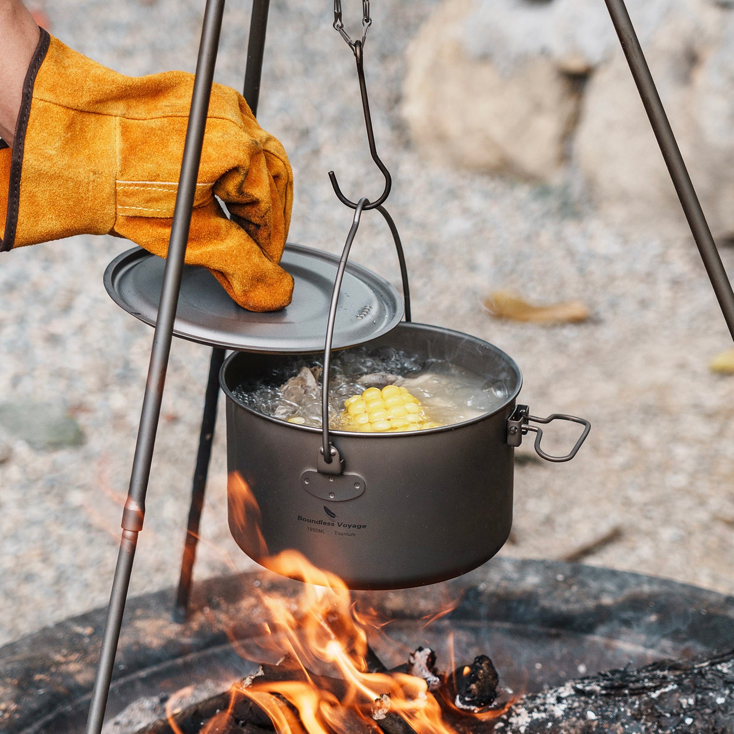 Boundless Voyage 1950ml TA1 Titanium Hanging Pot – Ultralight Campfire Cooking Pot for Camping, Backpacking & Outdoor Bushcraft