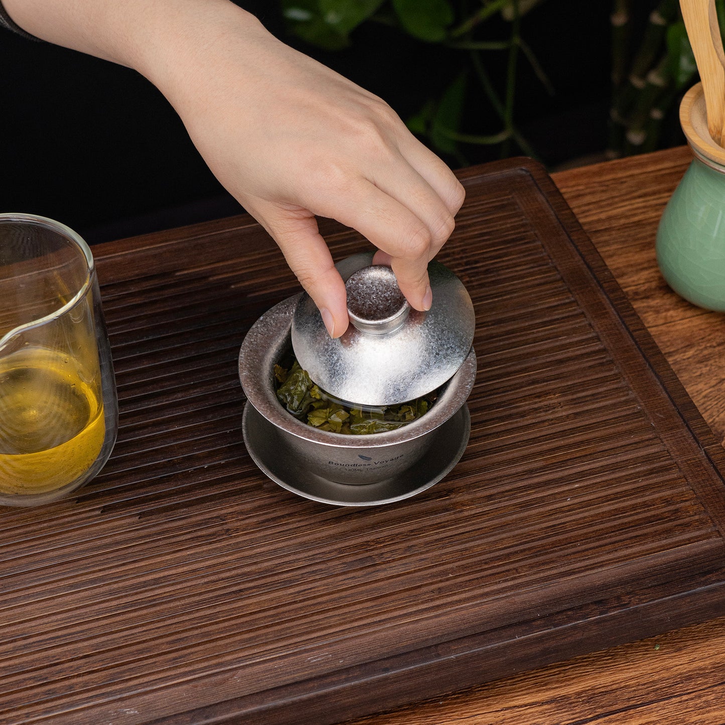 Boundless Voyage 130ml Crystallized Titanium Gaiwan Set | Ultralight 121g Chinese Kung Fu Tea Bowl | Double-Walled Anti-Scald Teacup with Lid & Saucer