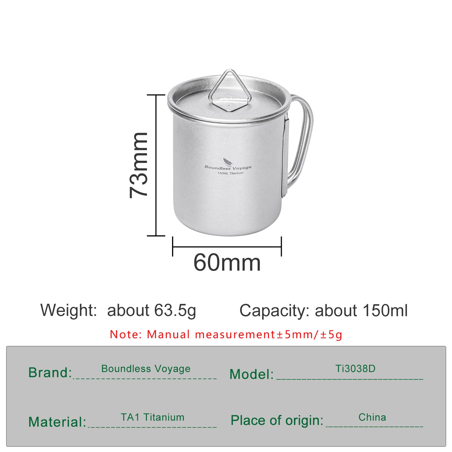Boundless Voyage 150ml Titanium Camping Mug with Lid – Ultralight Cup with Folding Handles for Hiking, Backpacking & Outdoor Cooking