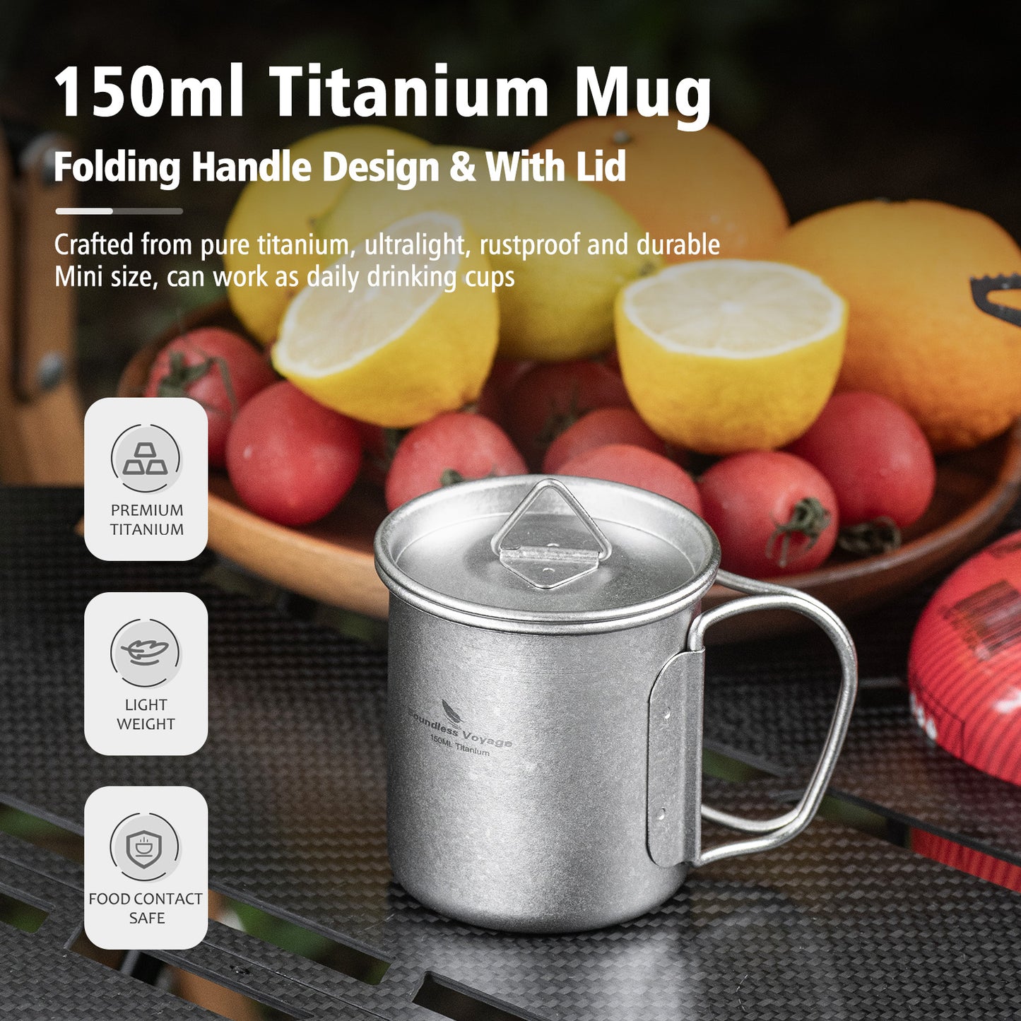 Boundless Voyage 150ml Titanium Camping Mug with Lid – Ultralight Cup with Folding Handles for Hiking, Backpacking & Outdoor Cooking