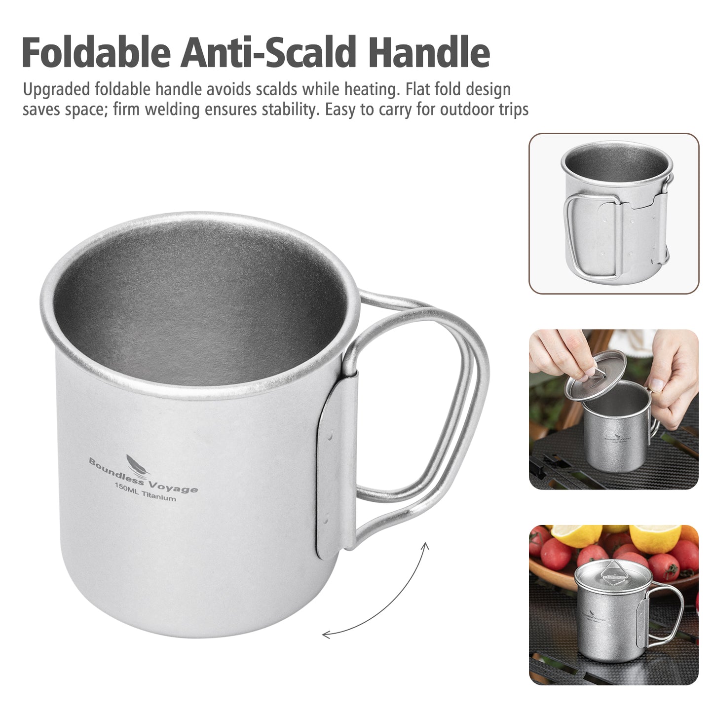 Boundless Voyage 150ml Titanium Camping Mug with Lid – Ultralight Cup with Folding Handles for Hiking, Backpacking & Outdoor Cooking