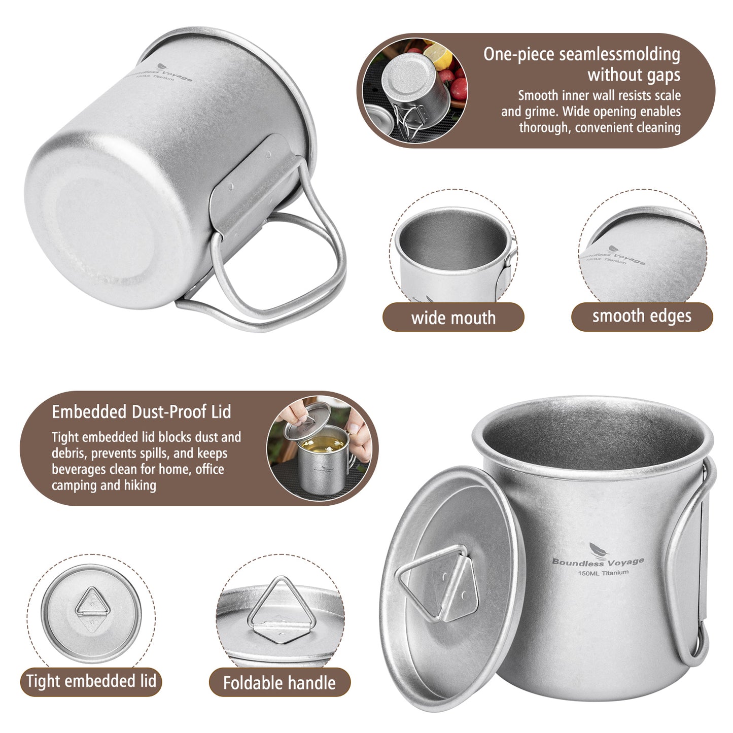 Boundless Voyage 150ml Titanium Camping Mug with Lid – Ultralight Cup with Folding Handles for Hiking, Backpacking & Outdoor Cooking