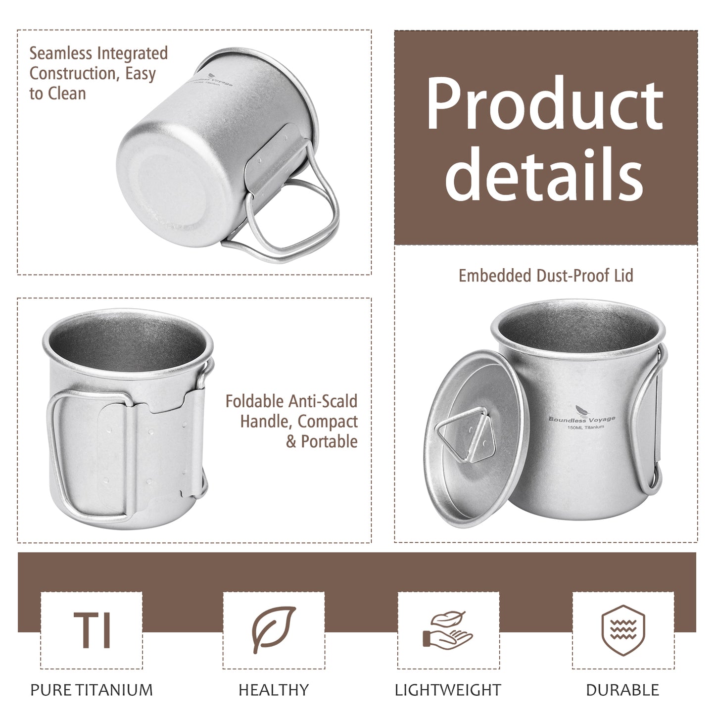 Boundless Voyage 150ml Titanium Camping Mug with Lid – Ultralight Cup with Folding Handles for Hiking, Backpacking & Outdoor Cooking