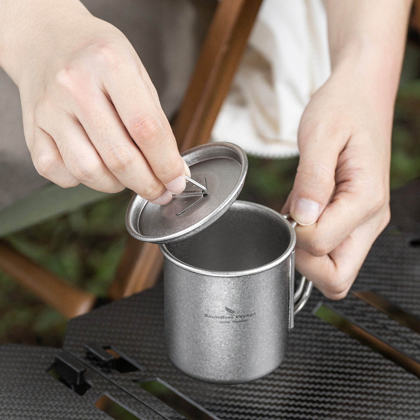 Boundless Voyage 150ml Titanium Camping Mug with Lid – Ultralight Cup with Folding Handles for Hiking, Backpacking & Outdoor Cooking