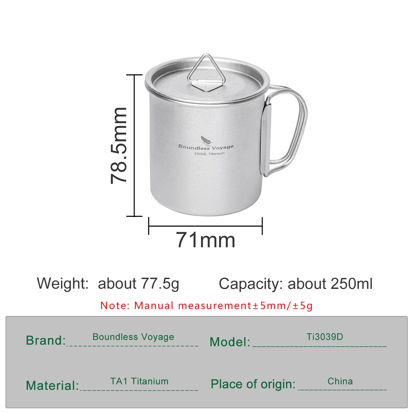 Boundless Voyage 250ml TA1 Titanium Mug with Lid – Lightweight Camping Cup with Folding Handles for Hiking & Travel