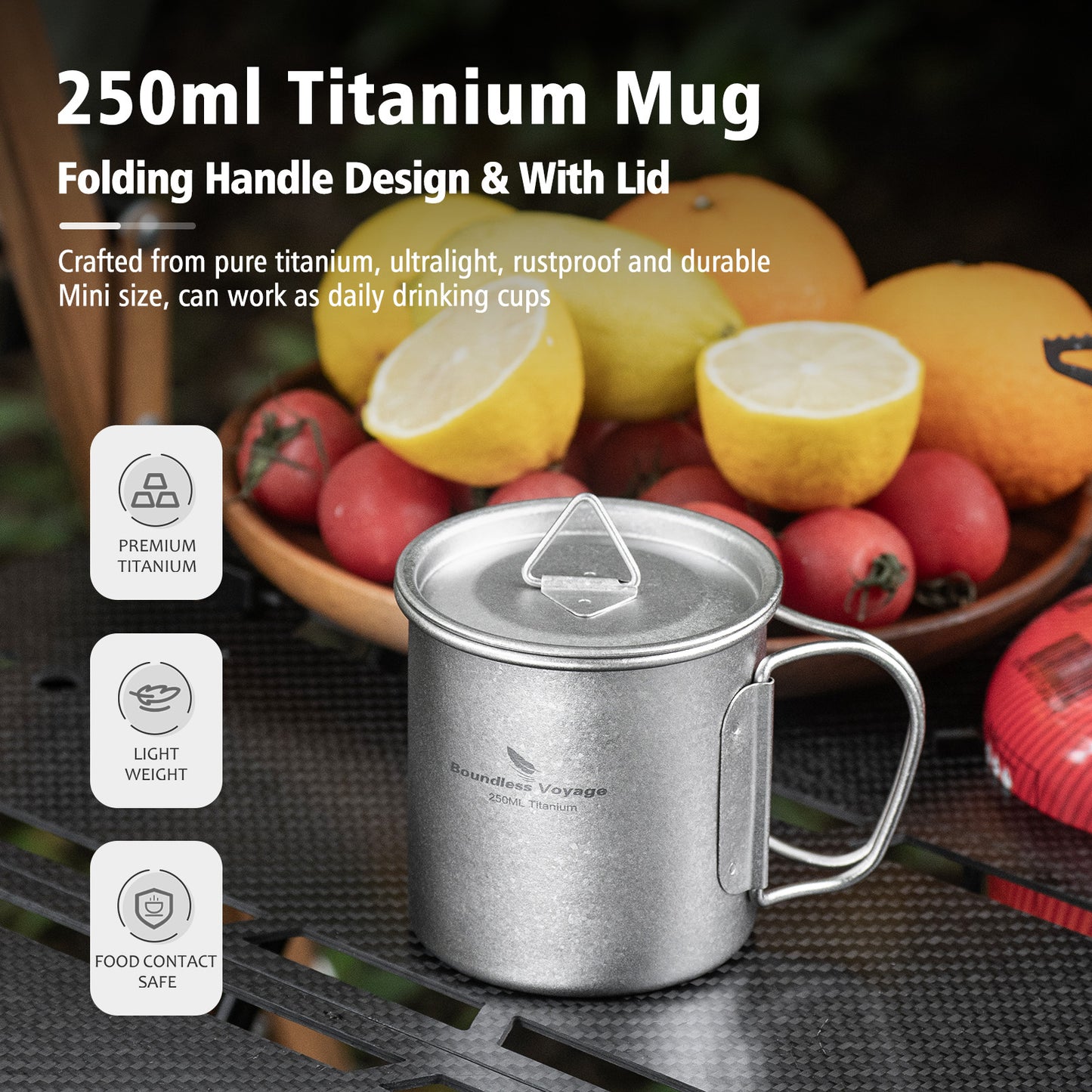 Boundless Voyage 250ml TA1 Titanium Mug with Lid – Lightweight Camping Cup with Folding Handles for Hiking & Travel