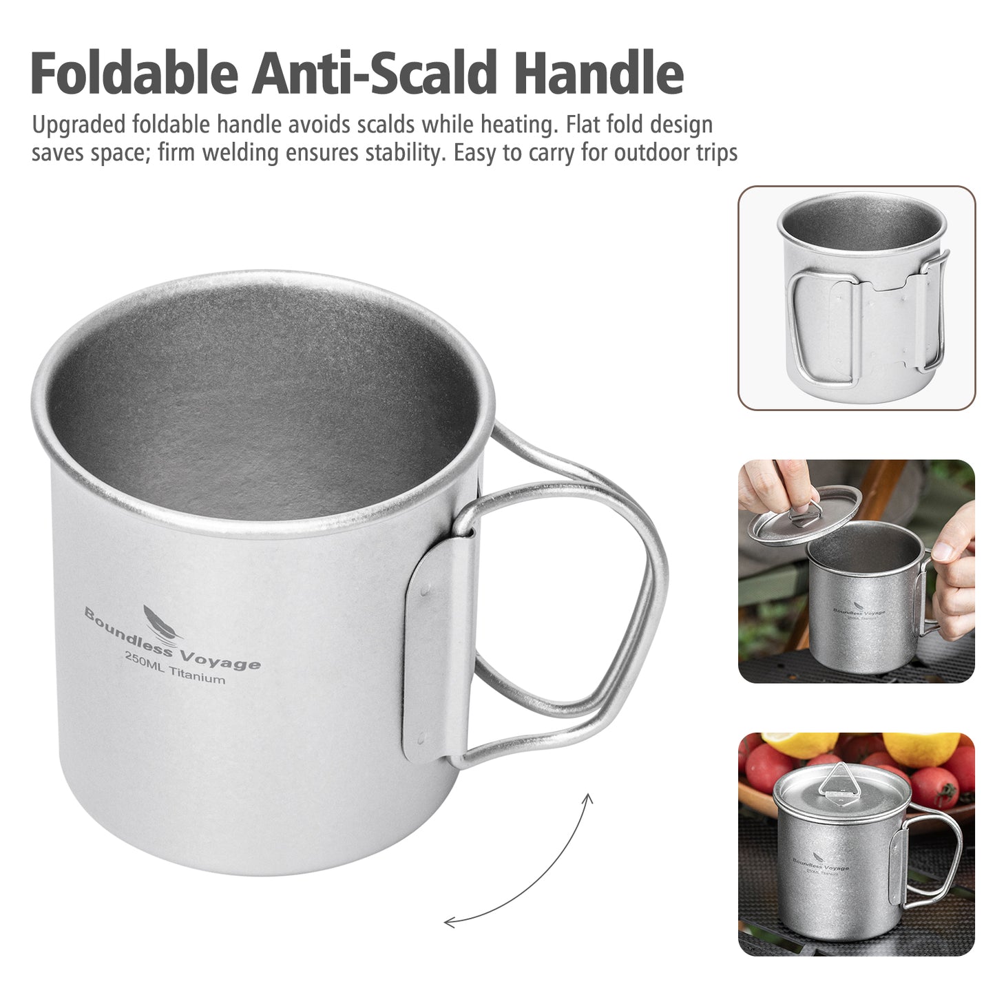 Boundless Voyage 250ml TA1 Titanium Mug with Lid – Lightweight Camping Cup with Folding Handles for Hiking & Travel