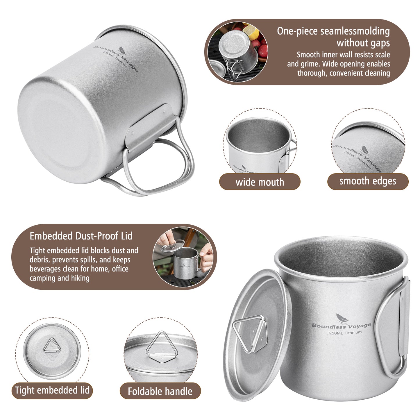 Boundless Voyage 250ml TA1 Titanium Mug with Lid – Lightweight Camping Cup with Folding Handles for Hiking & Travel