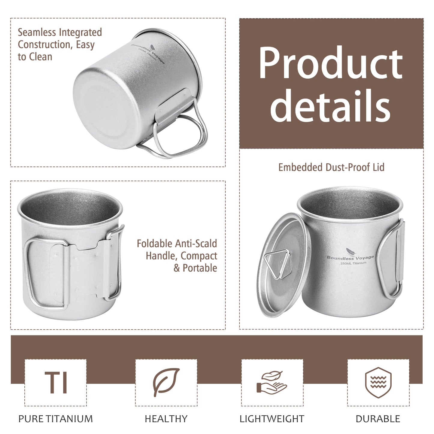 Boundless Voyage 250ml TA1 Titanium Mug with Lid – Lightweight Camping Cup with Folding Handles for Hiking & Travel
