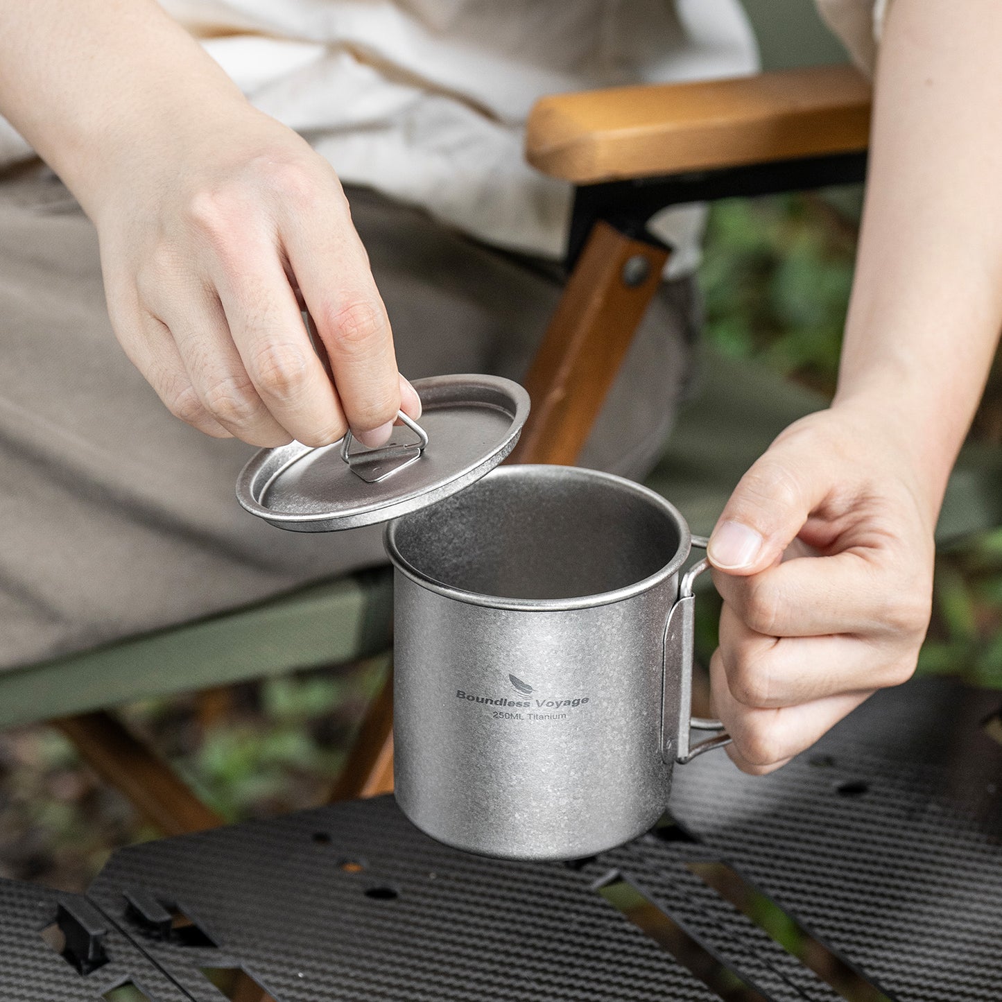 Boundless Voyage 250ml TA1 Titanium Mug with Lid – Lightweight Camping Cup with Folding Handles for Hiking & Travel