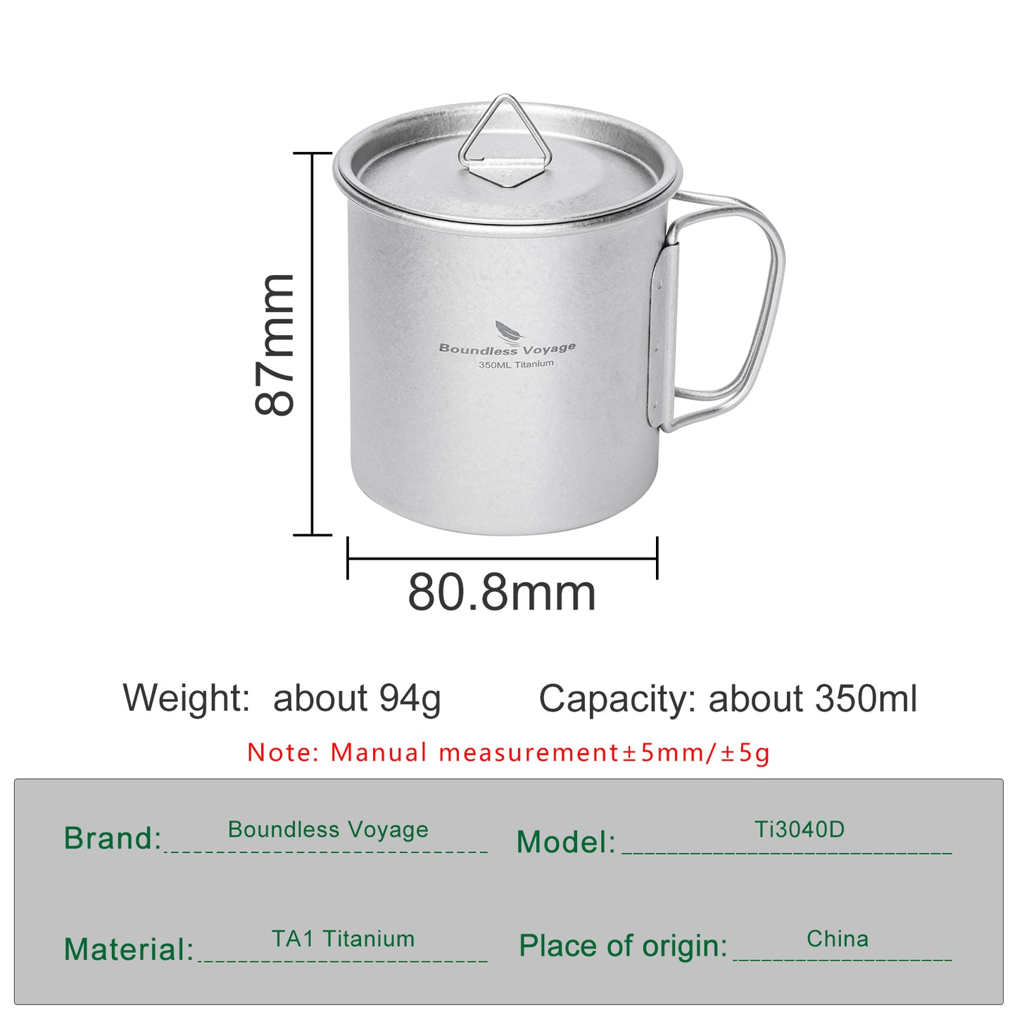 Boundless Voyage Titanium Camping Cup 350ml – Single-Wall Mug with Lid & Folding Handles for Backpacking & Outdoor Use