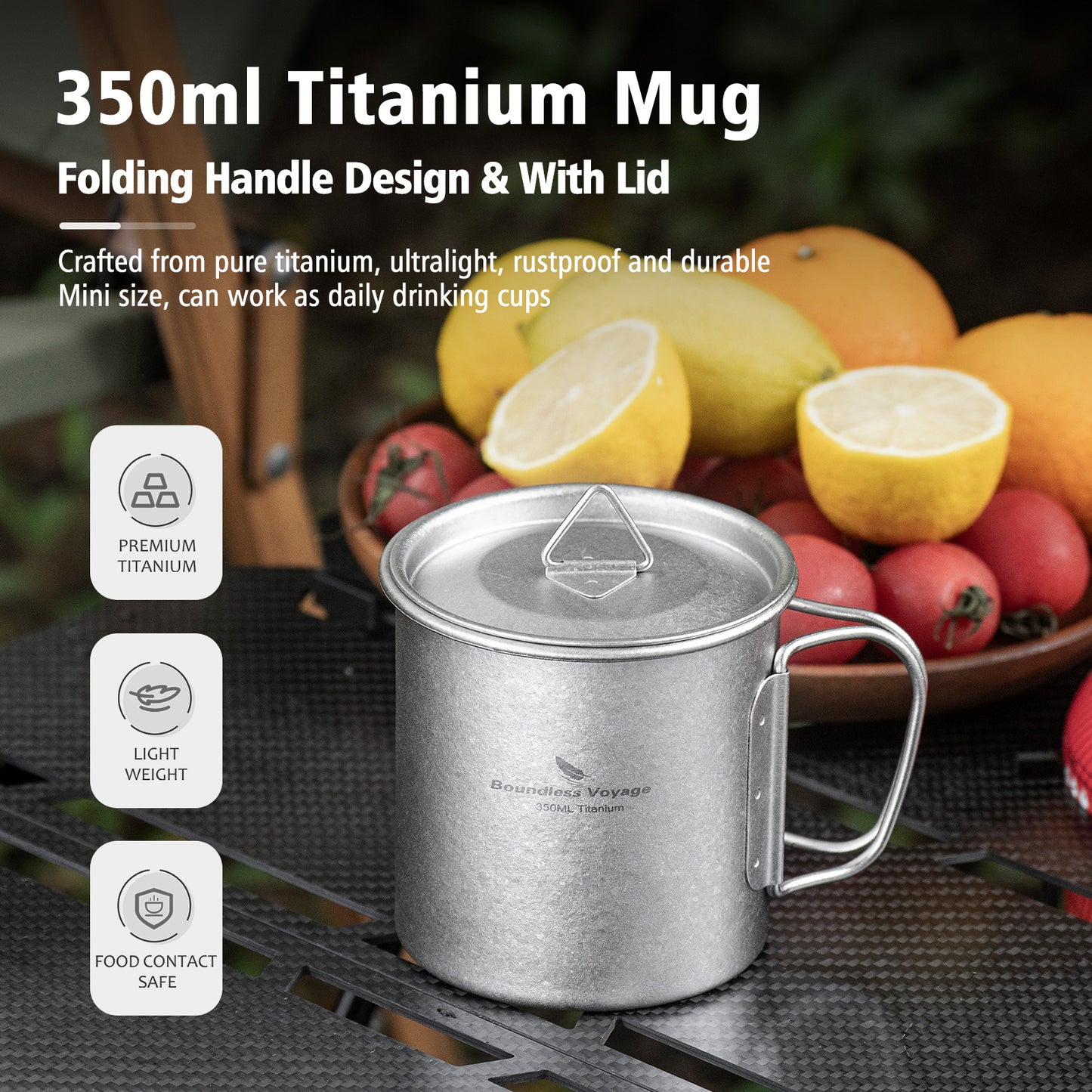 Boundless Voyage Titanium Camping Cup 350ml – Single-Wall Mug with Lid & Folding Handles for Backpacking & Outdoor Use