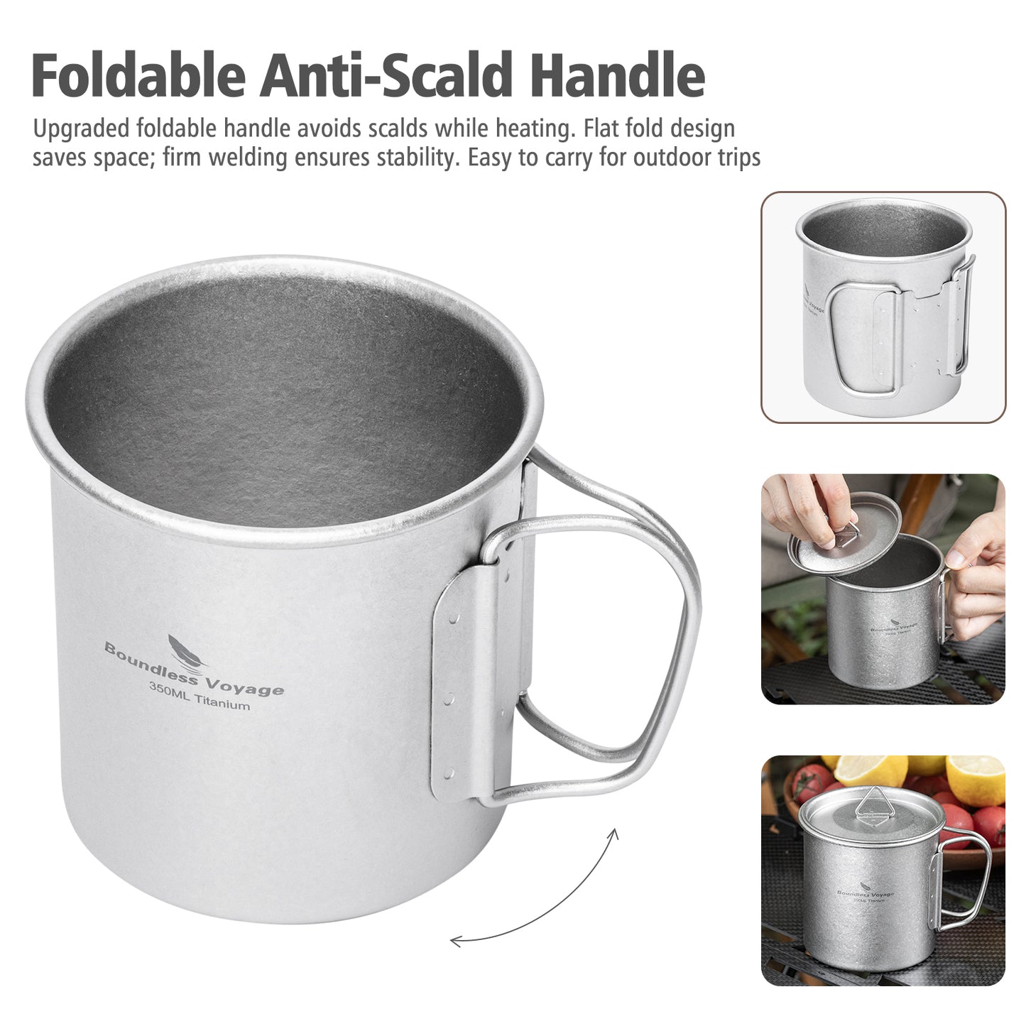 Boundless Voyage Titanium Camping Cup 350ml – Single-Wall Mug with Lid & Folding Handles for Backpacking & Outdoor Use