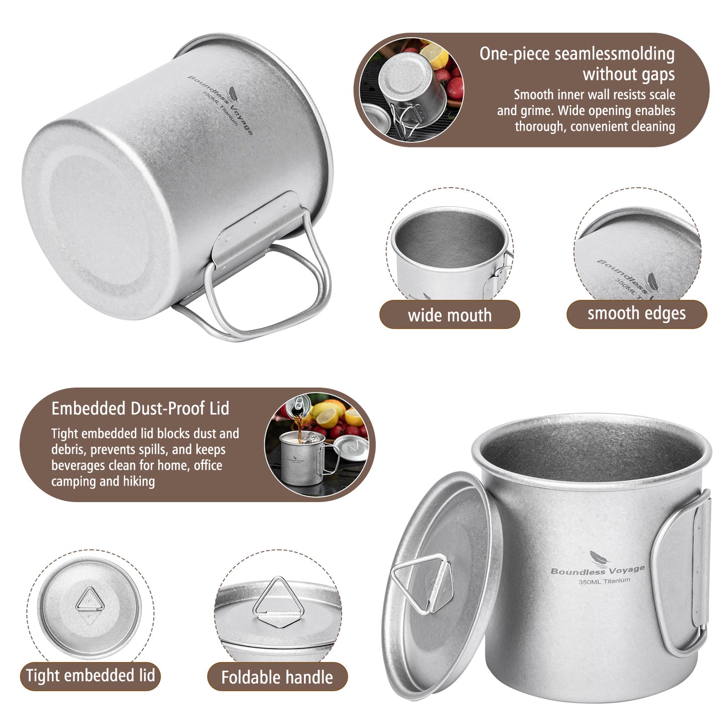 Boundless Voyage Titanium Camping Cup 350ml – Single-Wall Mug with Lid & Folding Handles for Backpacking & Outdoor Use