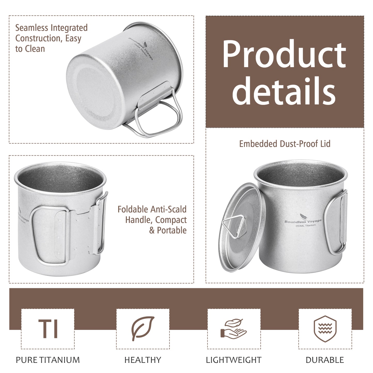 Boundless Voyage Titanium Camping Cup 350ml – Single-Wall Mug with Lid & Folding Handles for Backpacking & Outdoor Use