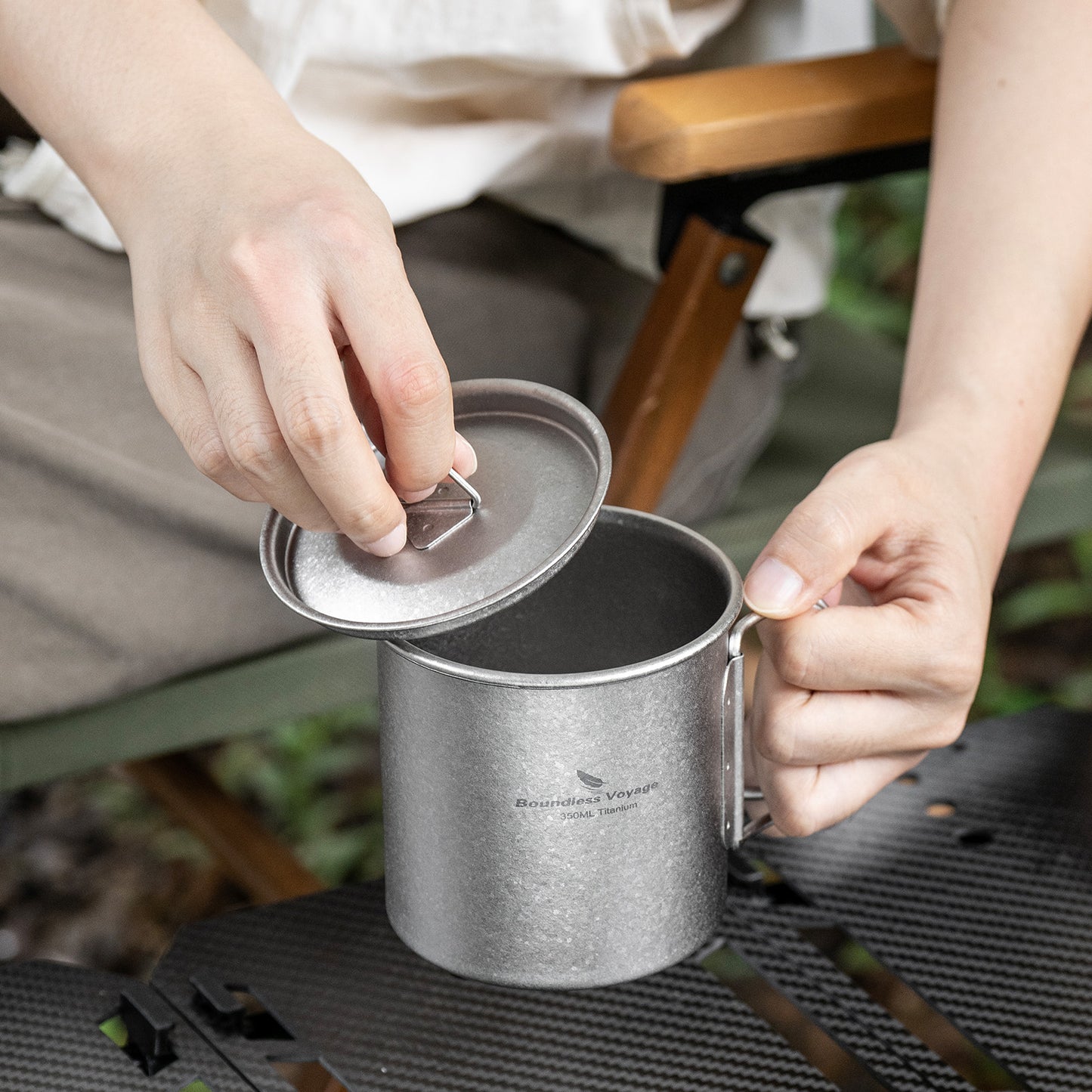 Boundless Voyage Titanium Camping Cup 350ml – Single-Wall Mug with Lid & Folding Handles for Backpacking & Outdoor Use