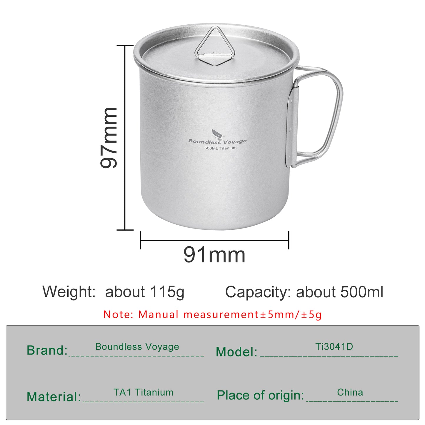 Boundless Voyage 500ml Titanium Camping Mug with Lid – Ultralight Cup with Folding Handles for Hiking, Backpacking & Outdoor Cooking