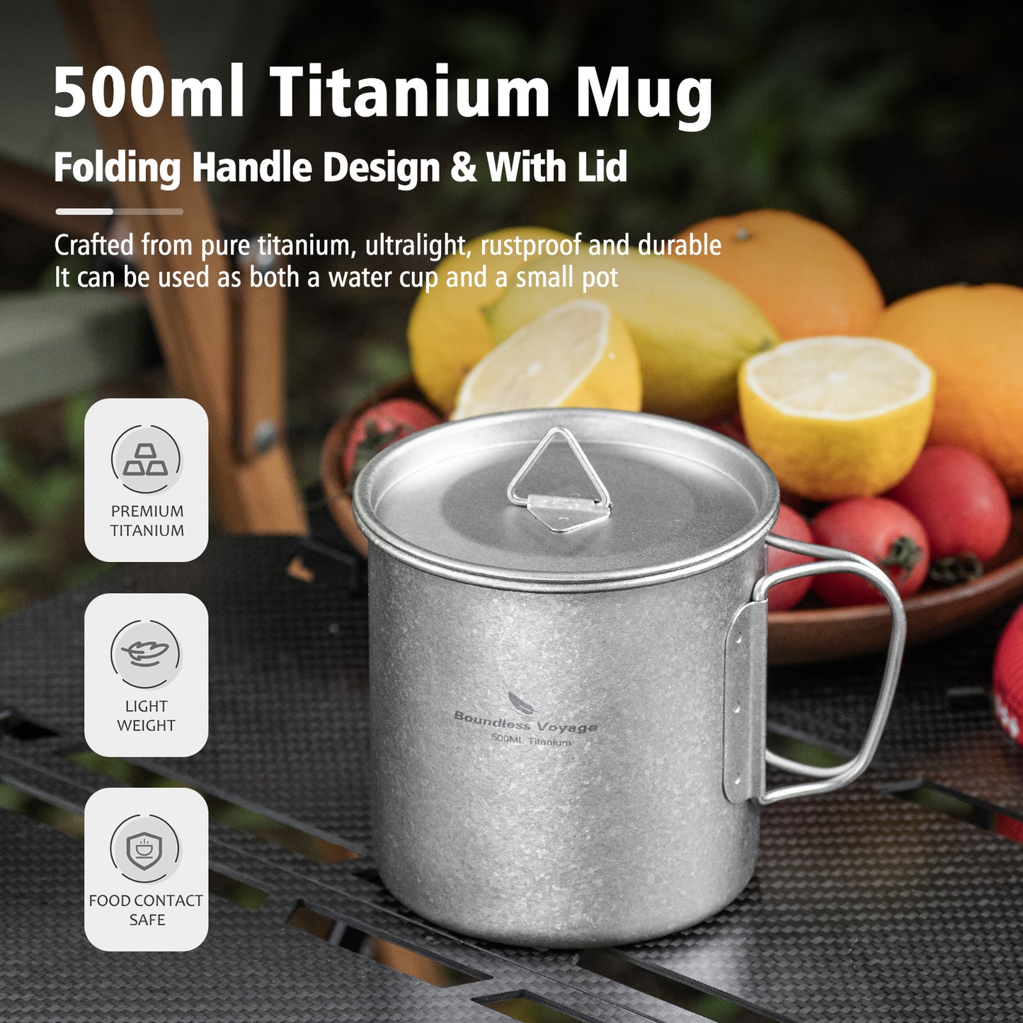 Boundless Voyage 500ml Titanium Camping Mug with Lid – Ultralight Cup with Folding Handles for Hiking, Backpacking & Outdoor Cooking