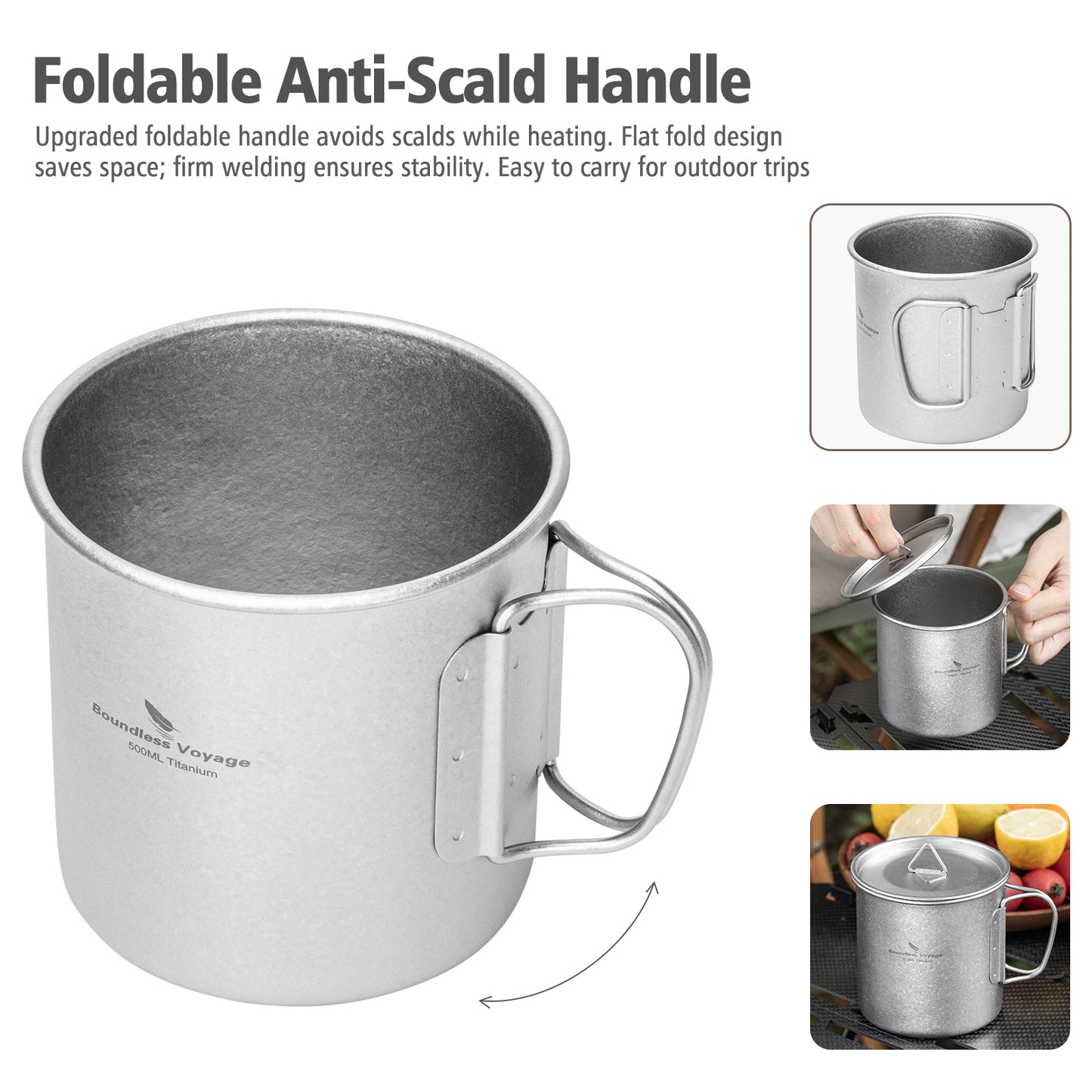 Boundless Voyage 500ml Titanium Camping Mug with Lid – Ultralight Cup with Folding Handles for Hiking, Backpacking & Outdoor Cooking