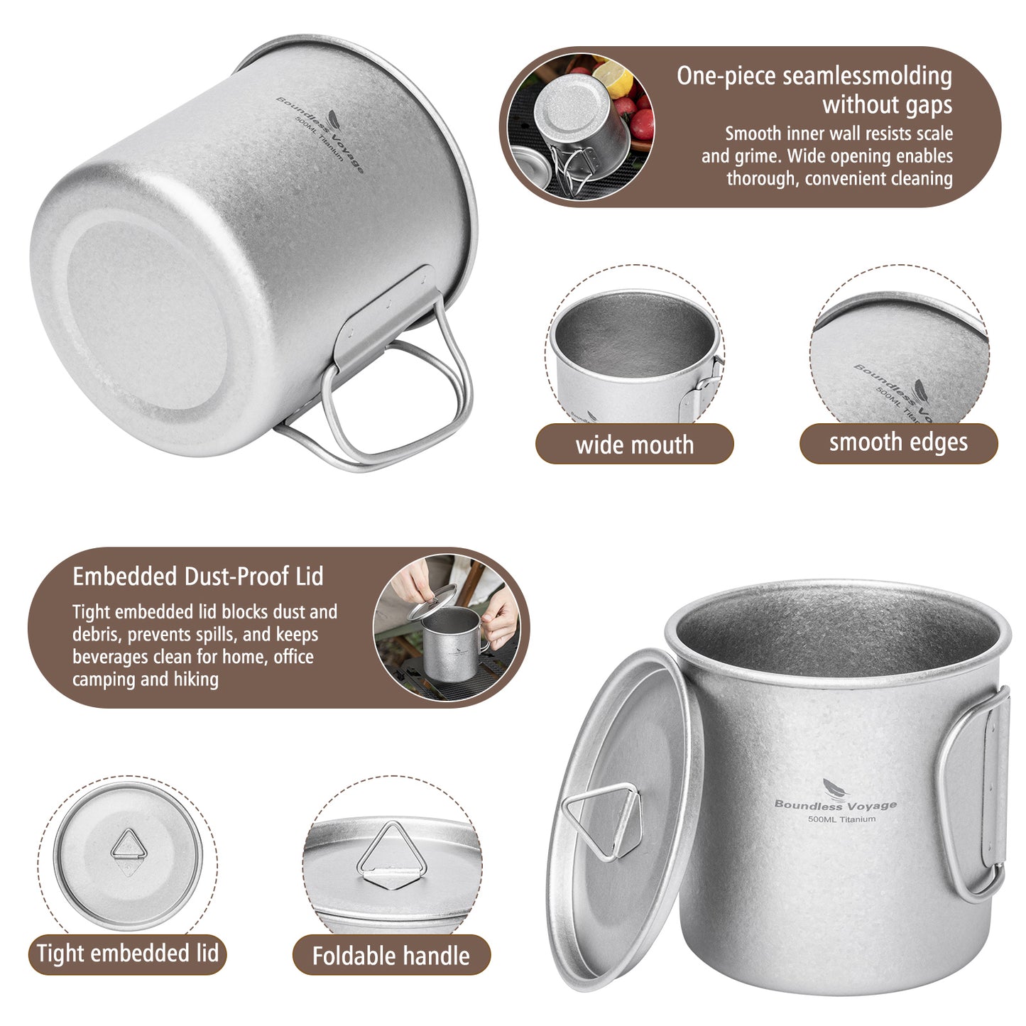 Boundless Voyage 500ml Titanium Camping Mug with Lid – Ultralight Cup with Folding Handles for Hiking, Backpacking & Outdoor Cooking