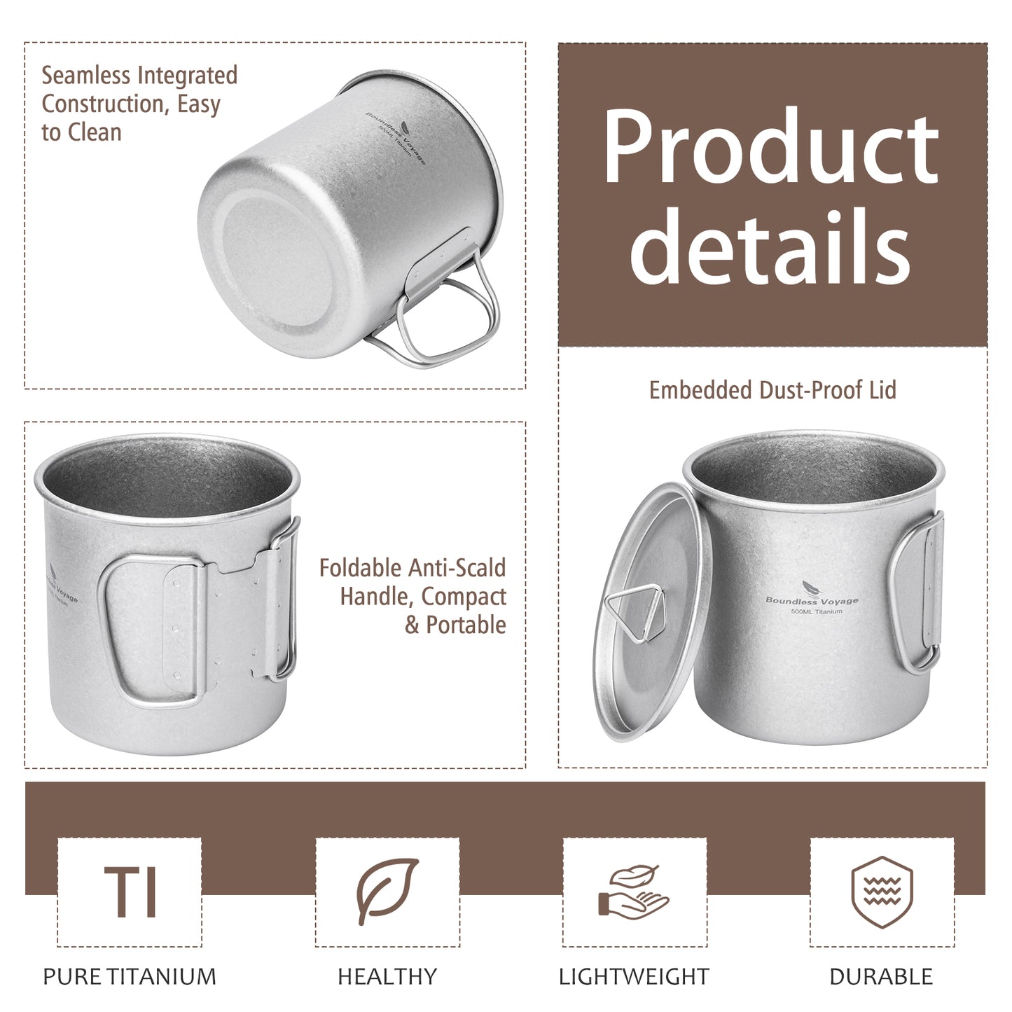 Boundless Voyage 500ml Titanium Camping Mug with Lid – Ultralight Cup with Folding Handles for Hiking, Backpacking & Outdoor Cooking