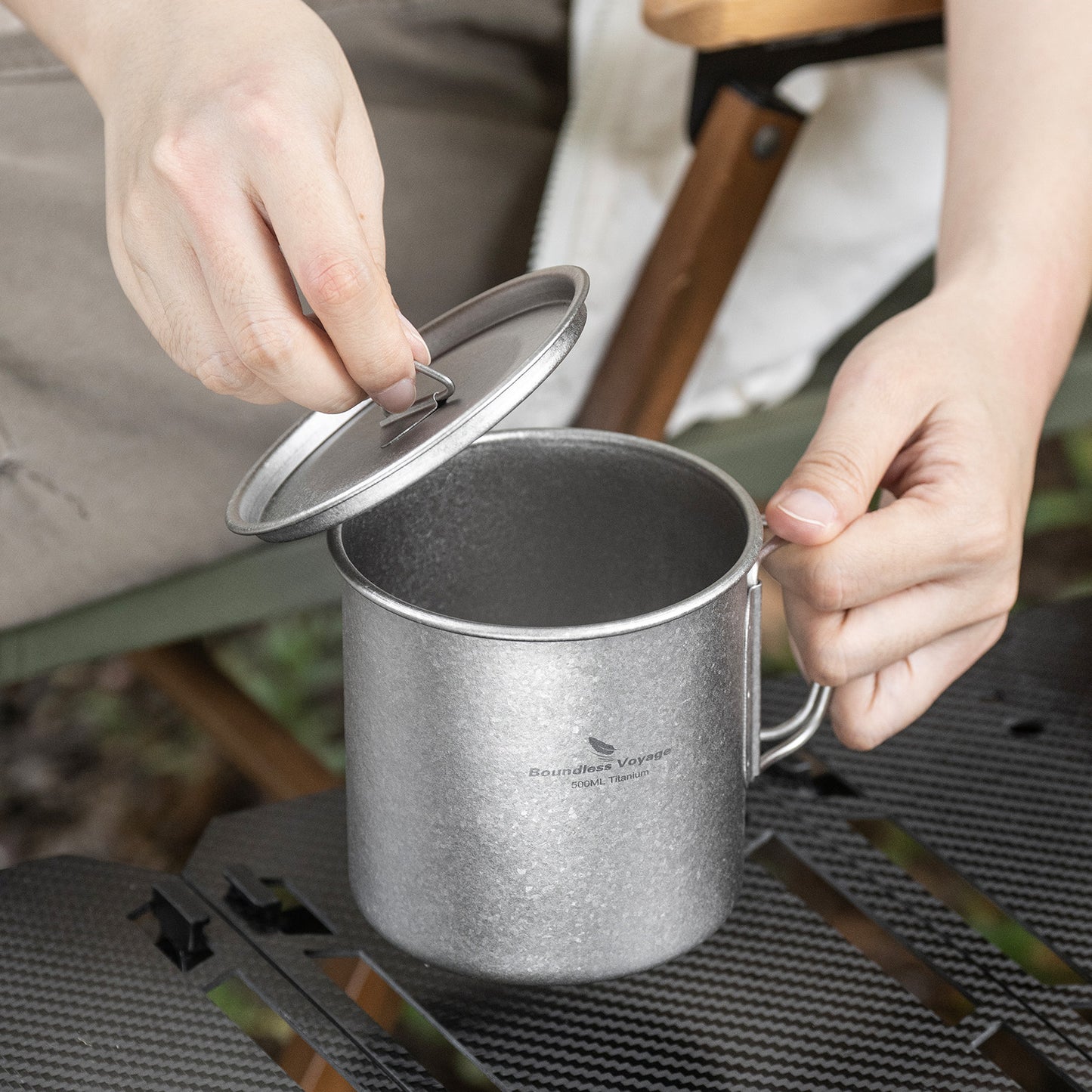 Boundless Voyage 500ml Titanium Camping Mug with Lid – Ultralight Cup with Folding Handles for Hiking, Backpacking & Outdoor Cooking