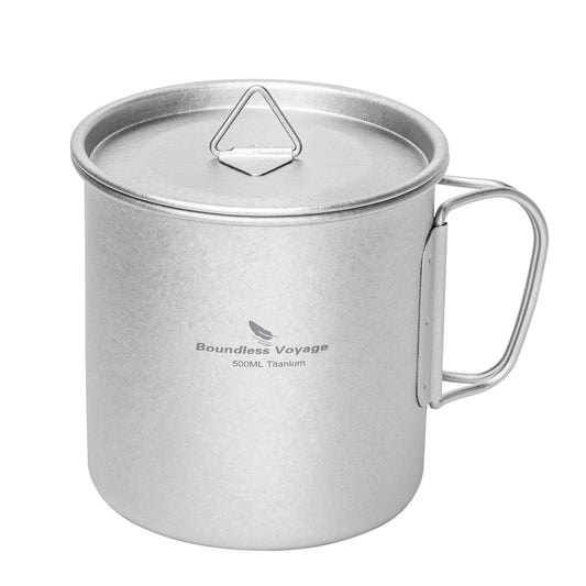 Boundless Voyage 500ml Titanium Camping Mug with Lid – Ultralight Cup with Folding Handles for Hiking, Backpacking & Outdoor Cooking
