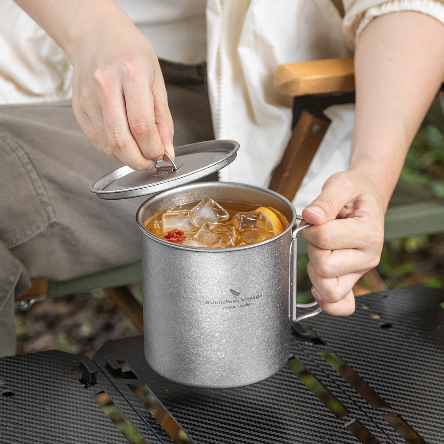 Boundless Voyage 750ml Titanium Camping Mug with Lid – Ultralight Pot Cup with Folding Handles for Backpacking & Outdoor Cooking
