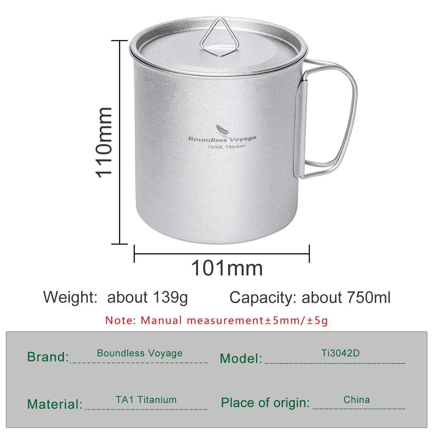 Boundless Voyage 750ml Titanium Camping Mug with Lid – Ultralight Pot Cup with Folding Handles for Backpacking & Outdoor Cooking