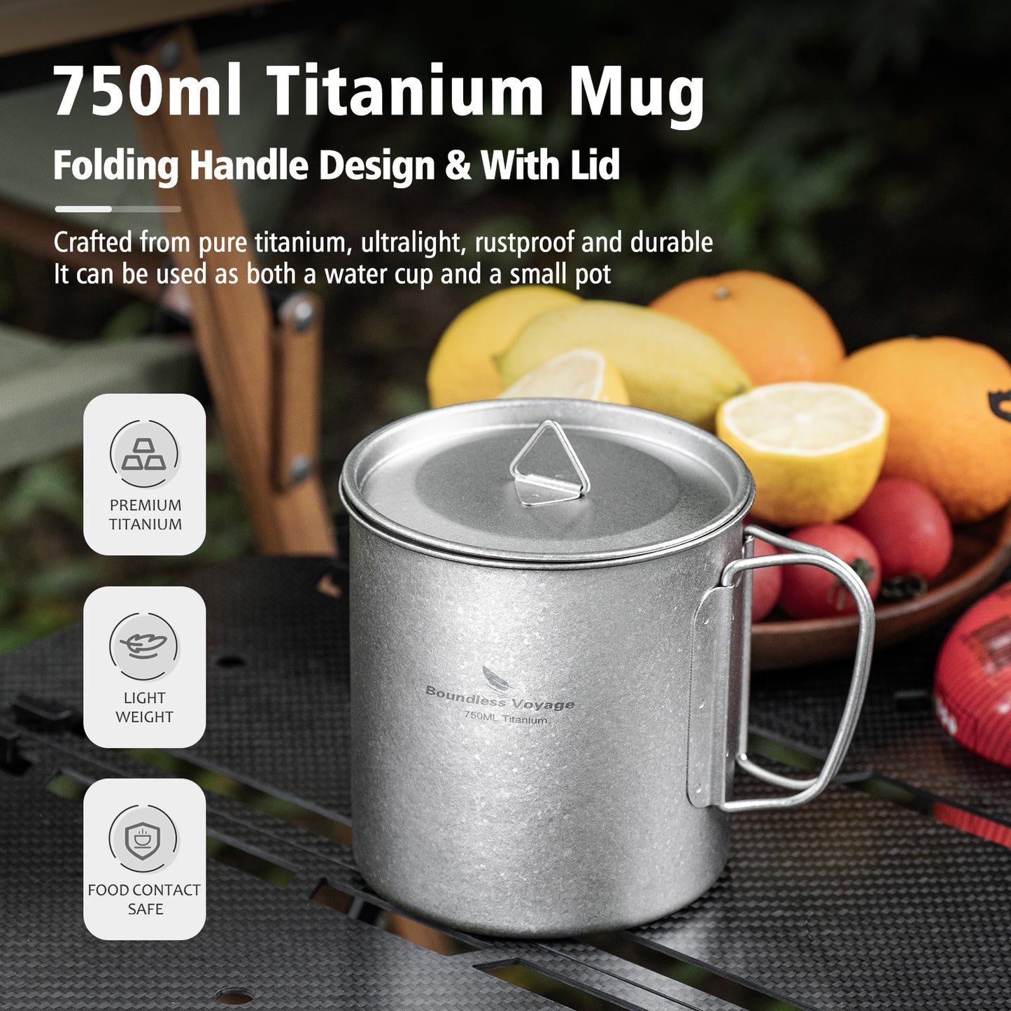 Boundless Voyage 750ml Titanium Camping Mug with Lid – Ultralight Pot Cup with Folding Handles for Backpacking & Outdoor Cooking