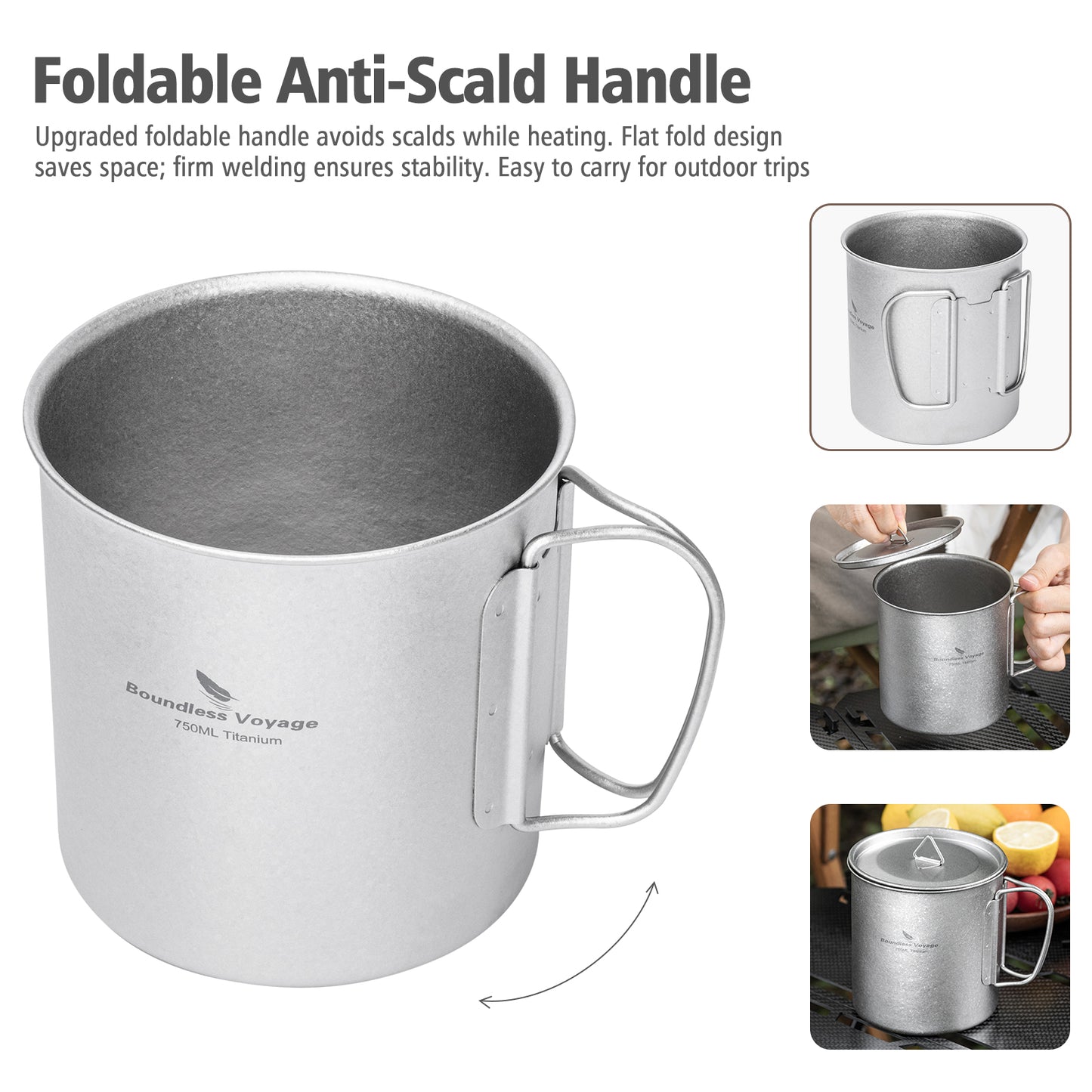 Boundless Voyage 750ml Titanium Camping Mug with Lid – Ultralight Pot Cup with Folding Handles for Backpacking & Outdoor Cooking