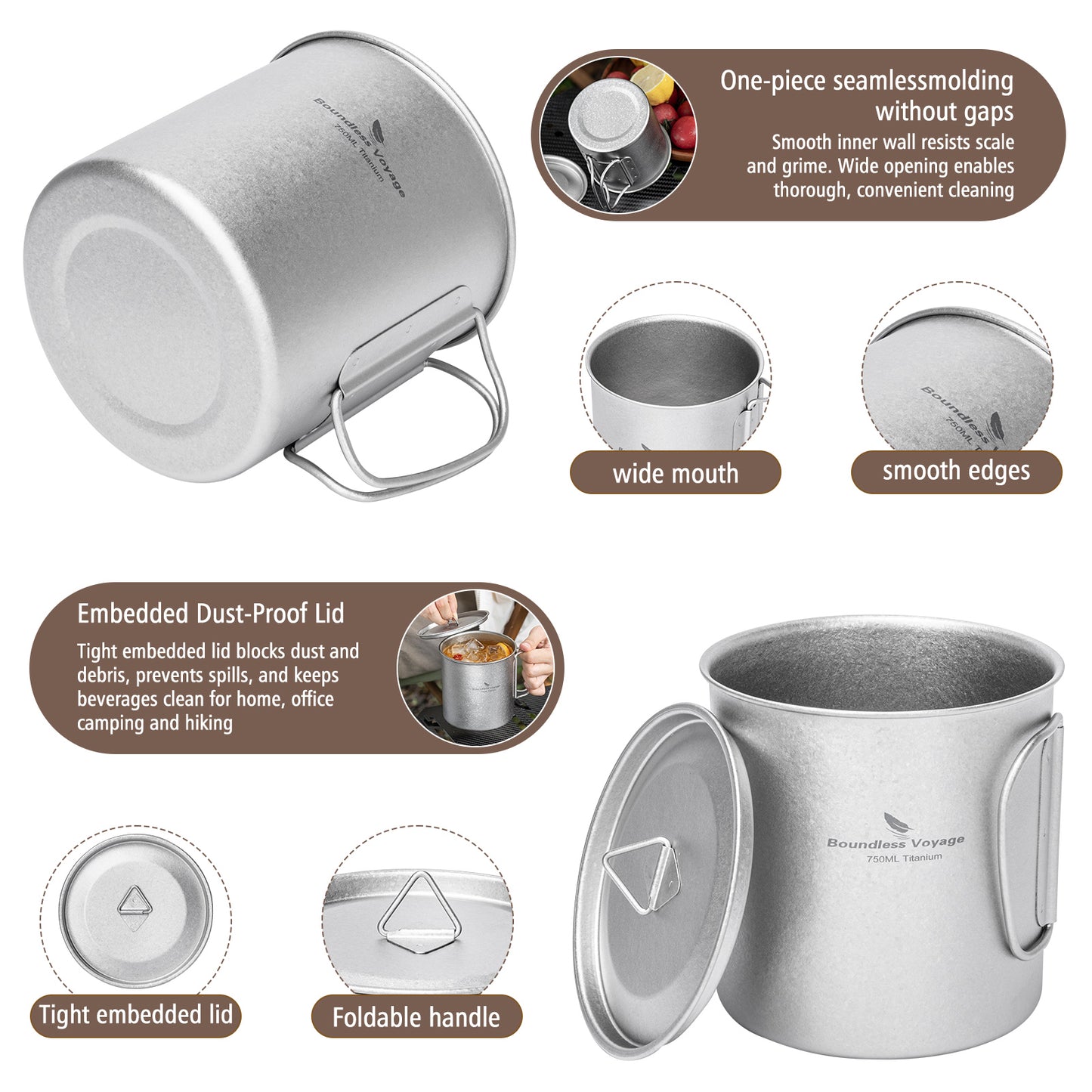 Boundless Voyage 750ml Titanium Camping Mug with Lid – Ultralight Pot Cup with Folding Handles for Backpacking & Outdoor Cooking