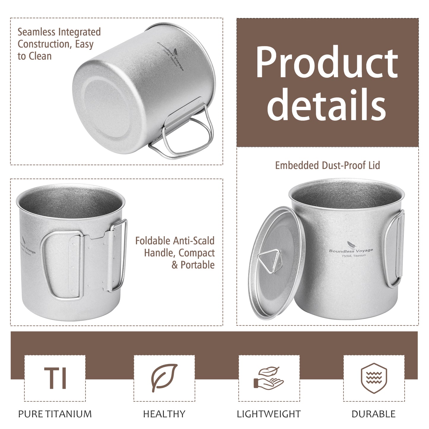 Boundless Voyage 750ml Titanium Camping Mug with Lid – Ultralight Pot Cup with Folding Handles for Backpacking & Outdoor Cooking
