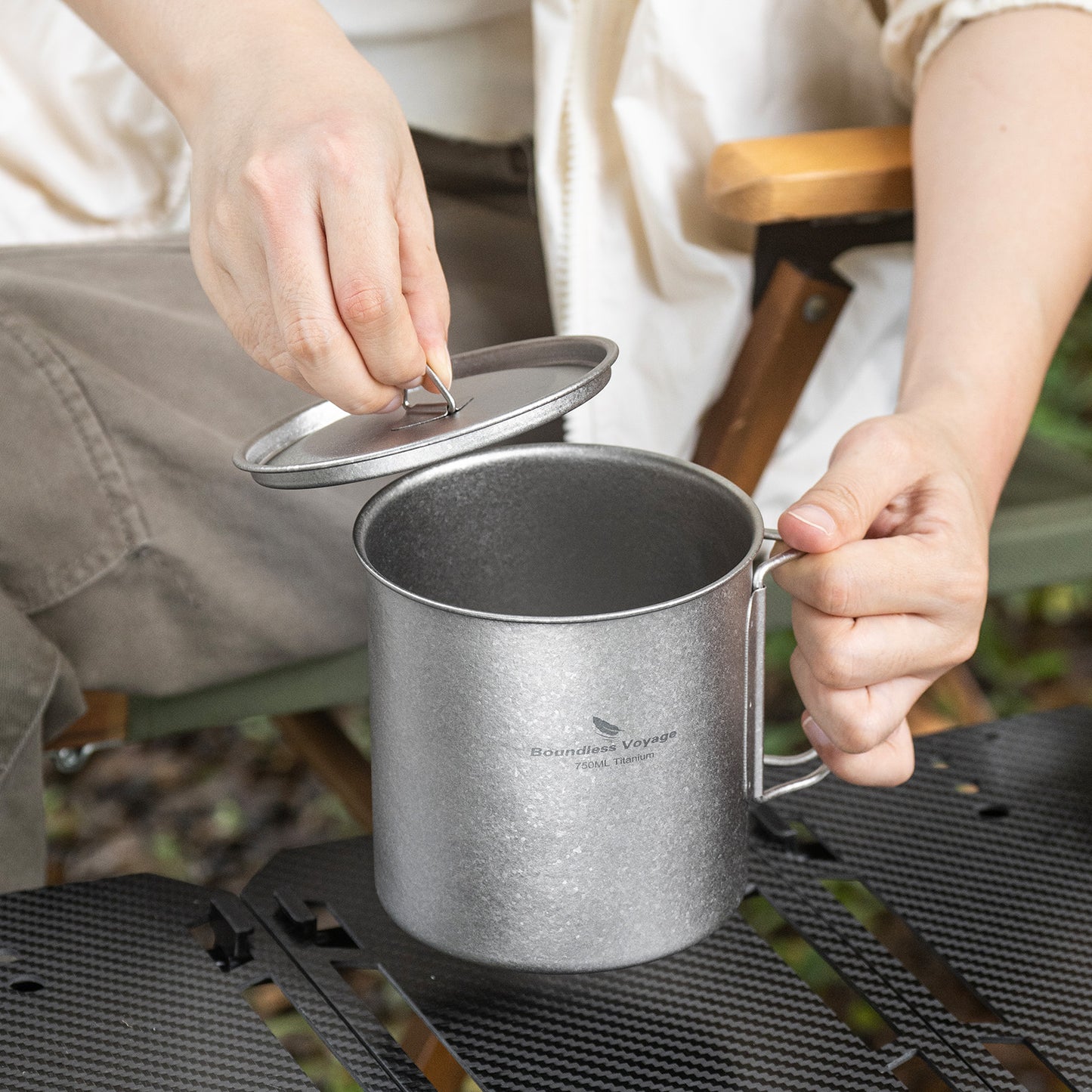 Boundless Voyage 750ml Titanium Camping Mug with Lid – Ultralight Pot Cup with Folding Handles for Backpacking & Outdoor Cooking