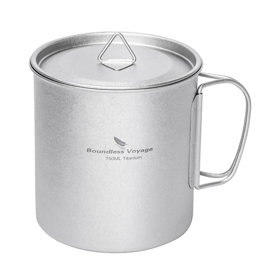 Boundless Voyage 750ml Titanium Camping Mug with Lid – Ultralight Pot Cup with Folding Handles for Backpacking & Outdoor Cooking