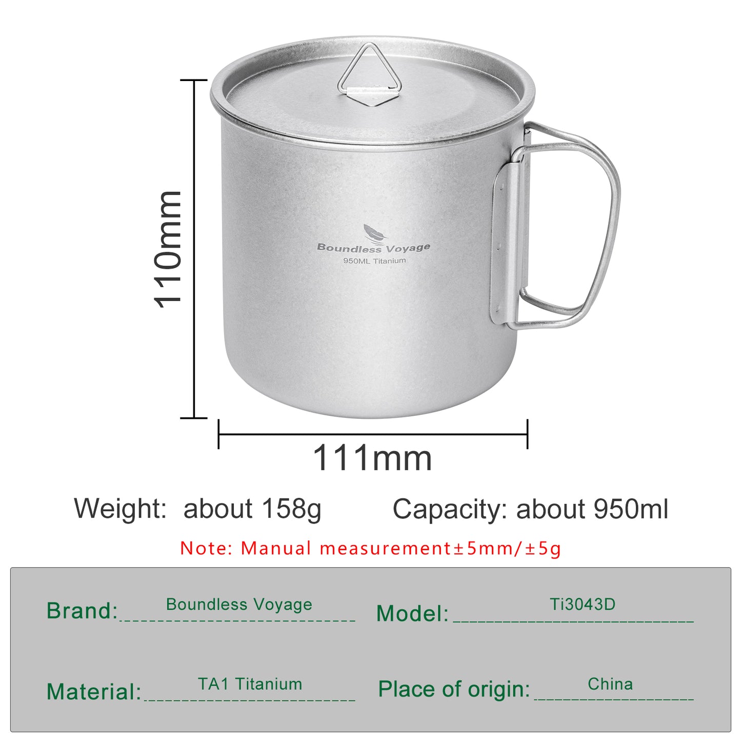Boundless Voyage 950ml Titanium Camping Mug with Lid – Ultralight Pot Cup with Folding Handles for Backpacking & Outdoor Cooking