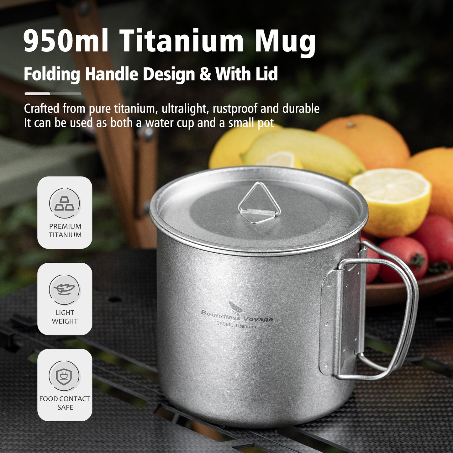Boundless Voyage 950ml Titanium Camping Mug with Lid – Ultralight Pot Cup with Folding Handles for Backpacking & Outdoor Cooking